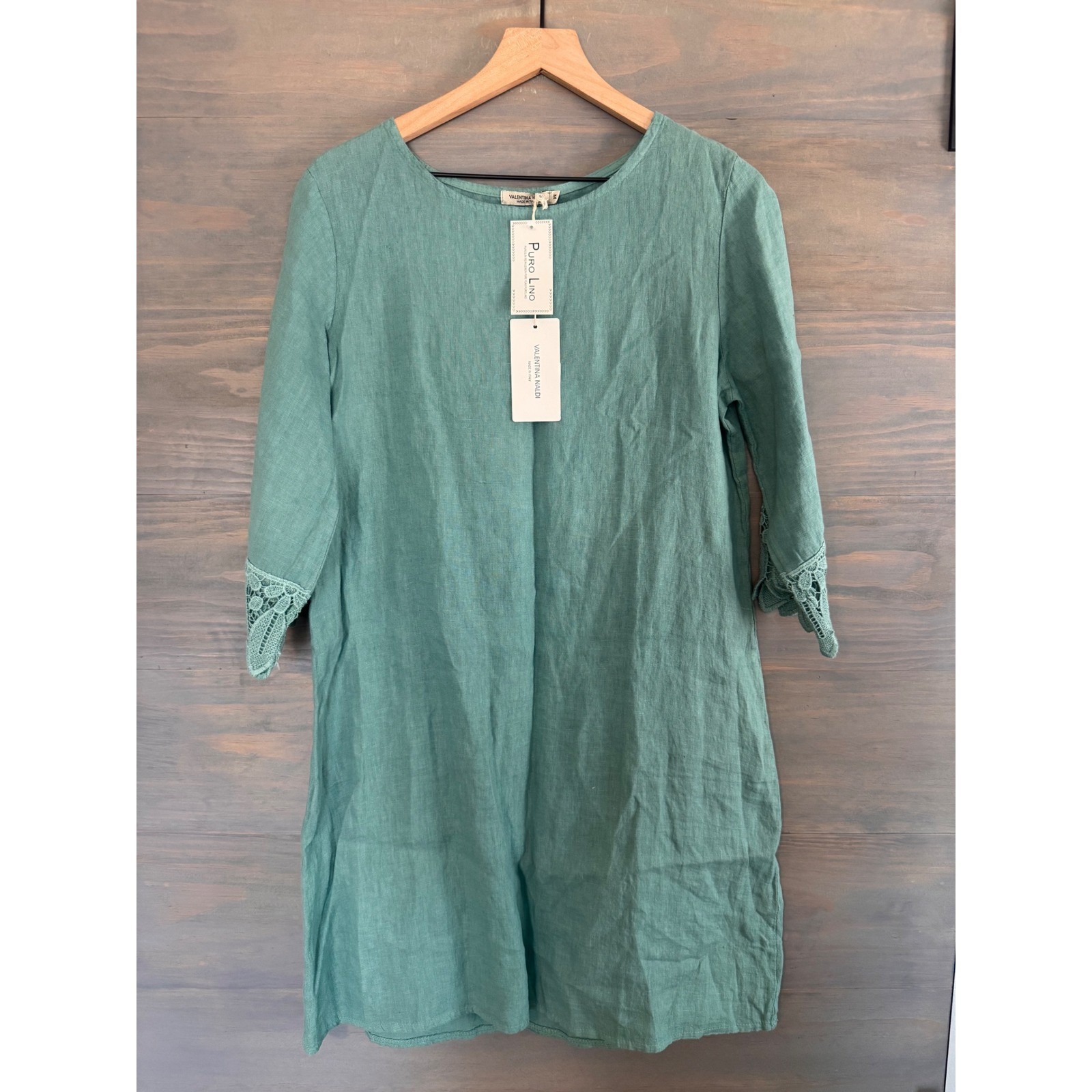 Valentina Naldi Puro Lino Italian Linen Lace Trim Dress Green Medium NWT