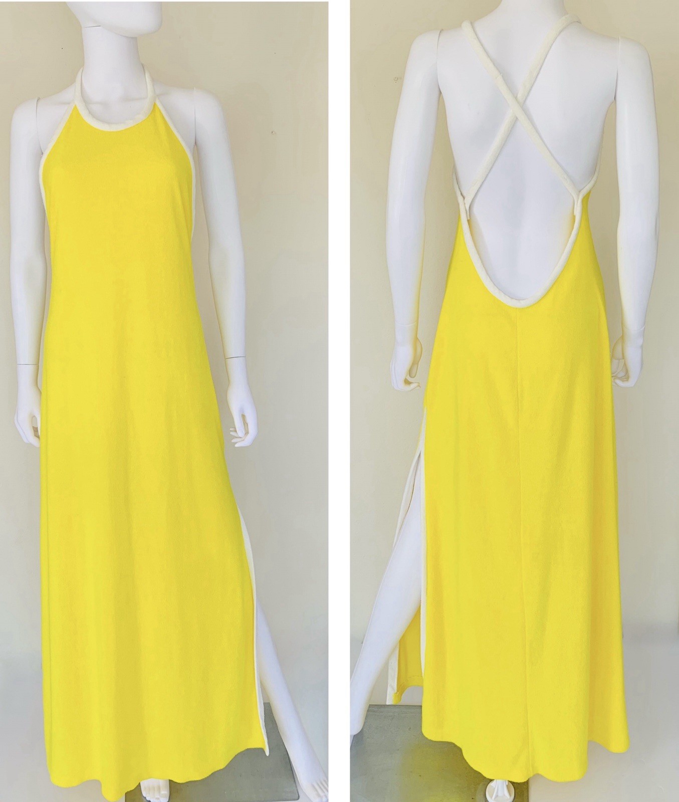 RARE Vintage 1970’s Cole of California Yellow Terry Sexy Halter Maxi Dress L