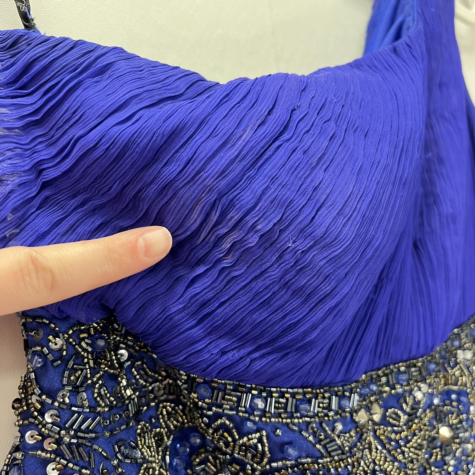 Sue Wong Nocturne Blue Silk Beaded Sequin Embellished One Shoulder Mini Dress 6