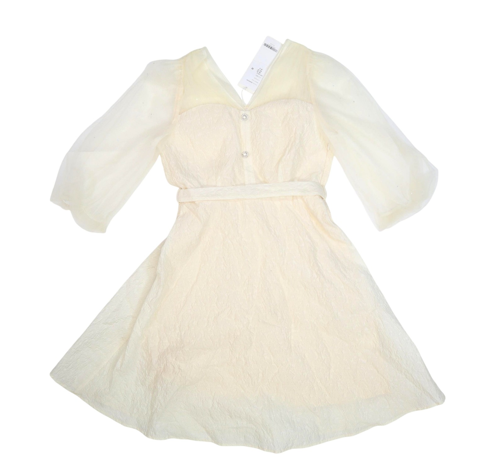 GOELIA Dress Womens M White V Neck Puff Sleeve Belted Short Party Wedding Tulle