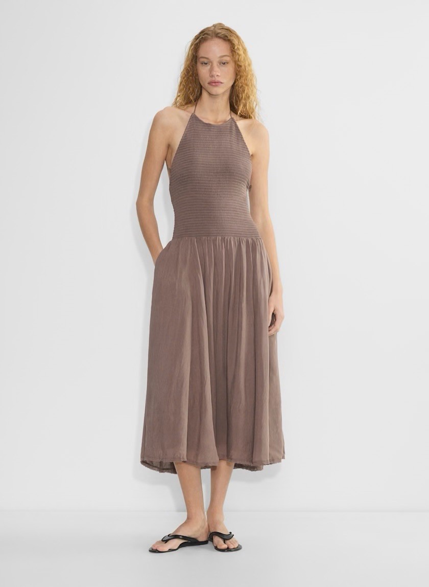 Little Moon Aritzia Highsmith Dress S Smocked Halter Deep Taupe Midi Pockets