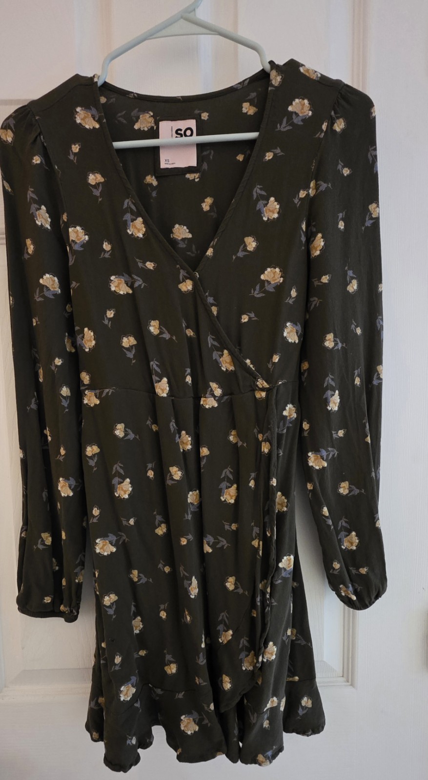 Cottagecore SO Green Floral Dress XS V-Neck Long Sleeve Ruffle Elastic Waist