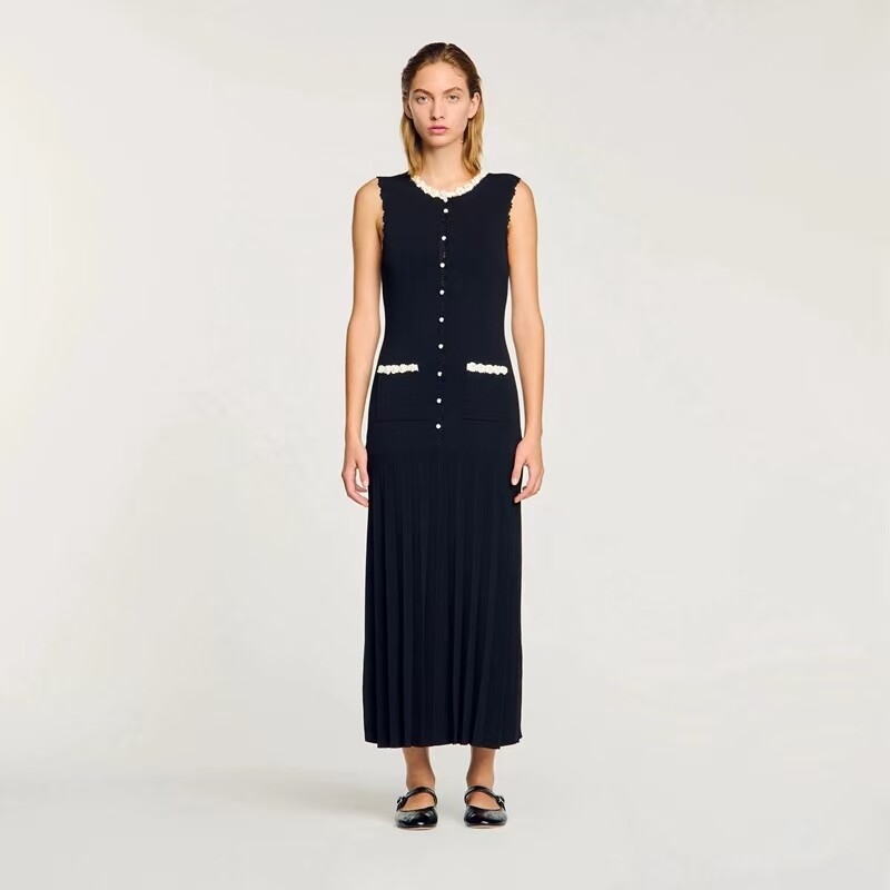 Sandro Flower set pearl Color contrast edging Round neck Sleeveless Dresses