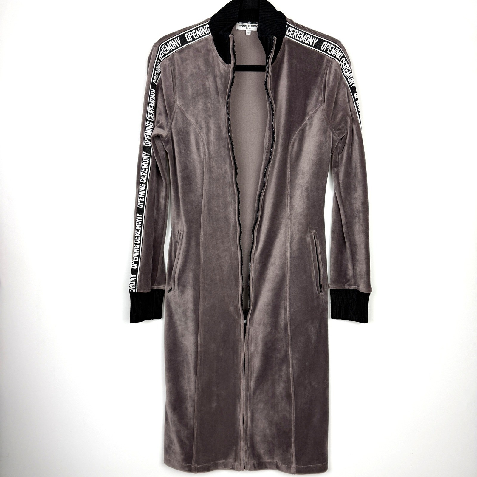 Opening Ceremony Zip-Front Long Sleeve Velour Track Dress Athleisure Grey Small