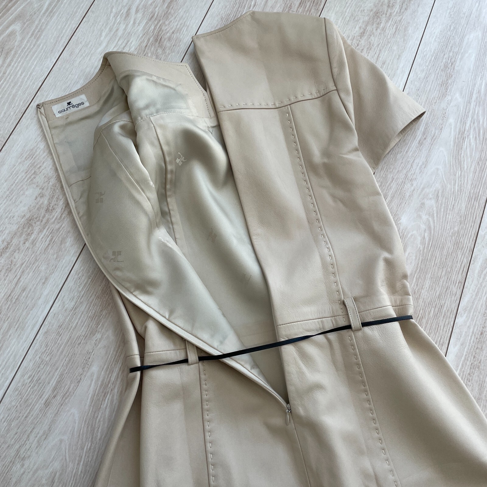 Courreges Sheepskin Lamb Leather Dress Beige Zip Woman Size L US/S-M Japan Rare