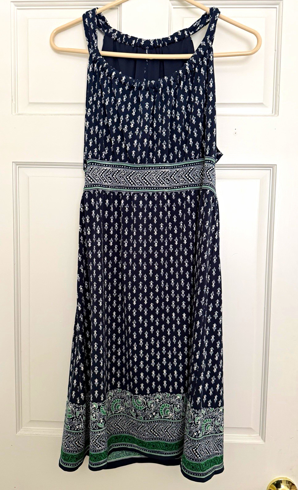Max Studio Geometric Halter Dress Navy Blue Green Border Print Sundress L Large