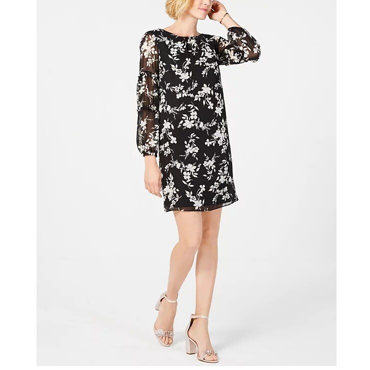 Jessica Howard Womens 10 Black White Floral 3/4 Sleeve Mid Thigh Dress NWT T13