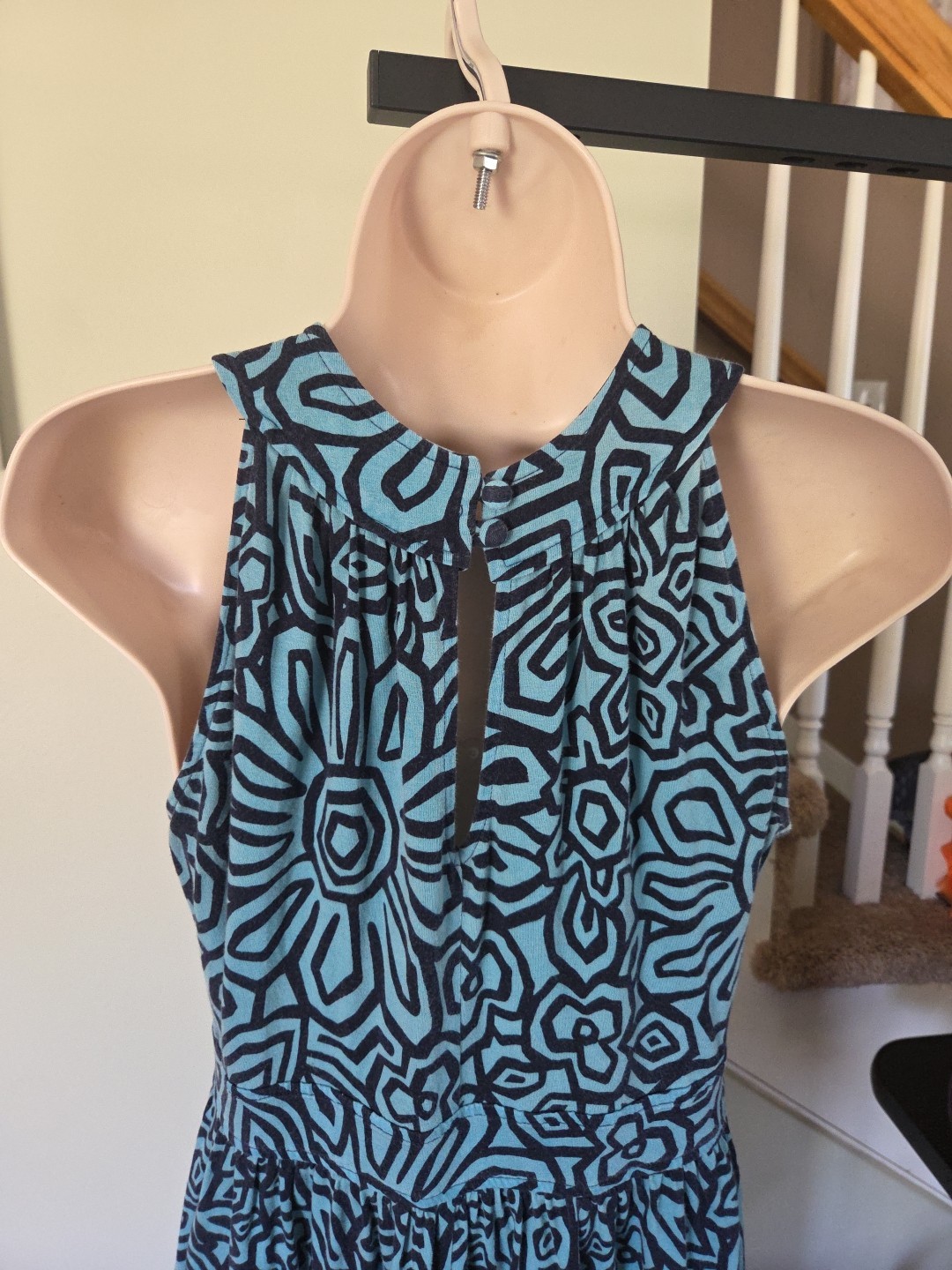 Ann Taylor Loft Turquoise and Black Geometric Patterned Maxi Dress, Size Small