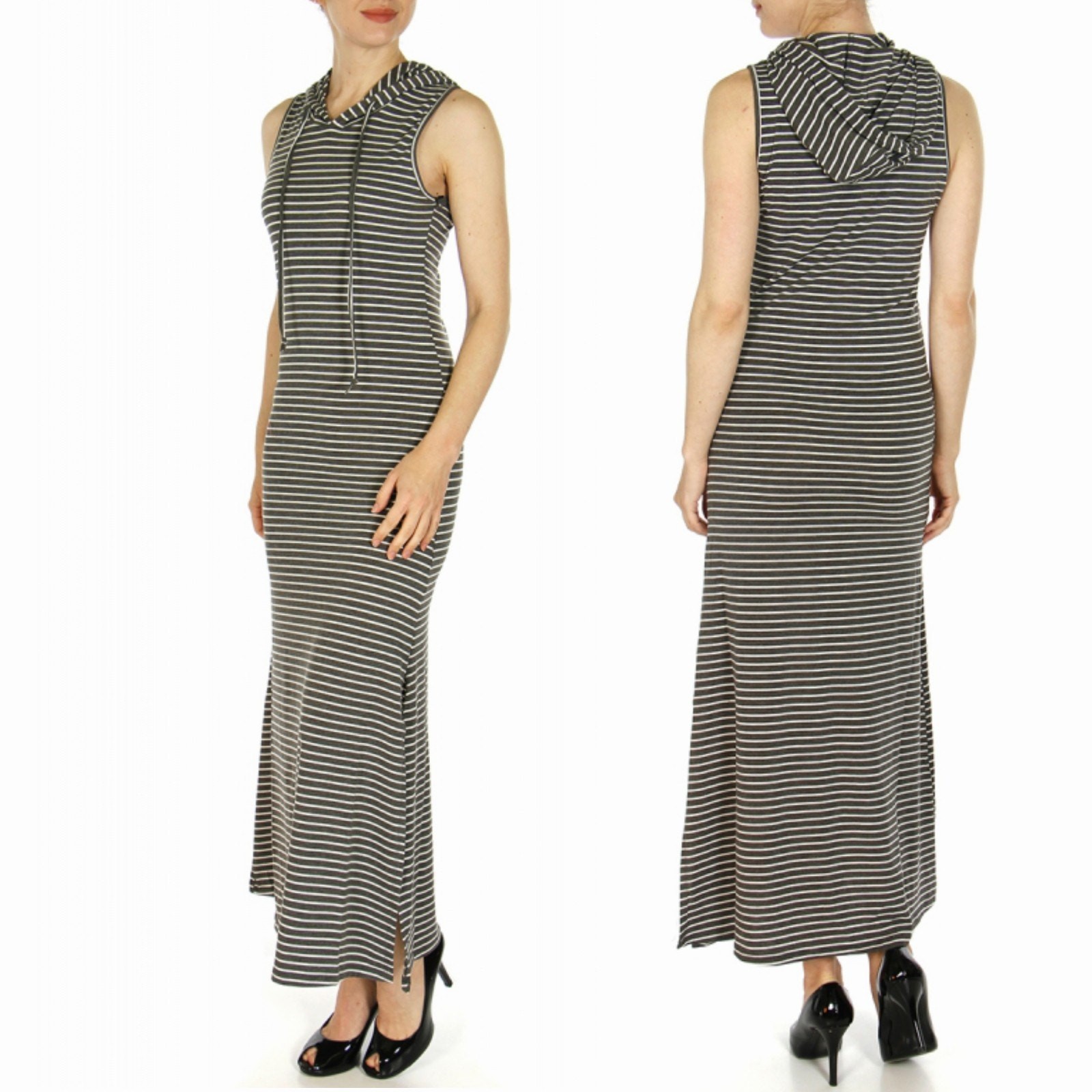 New Icon Apparal Women’s Hooded Striped Soft Jersey Side Slit Maxi Dress Large