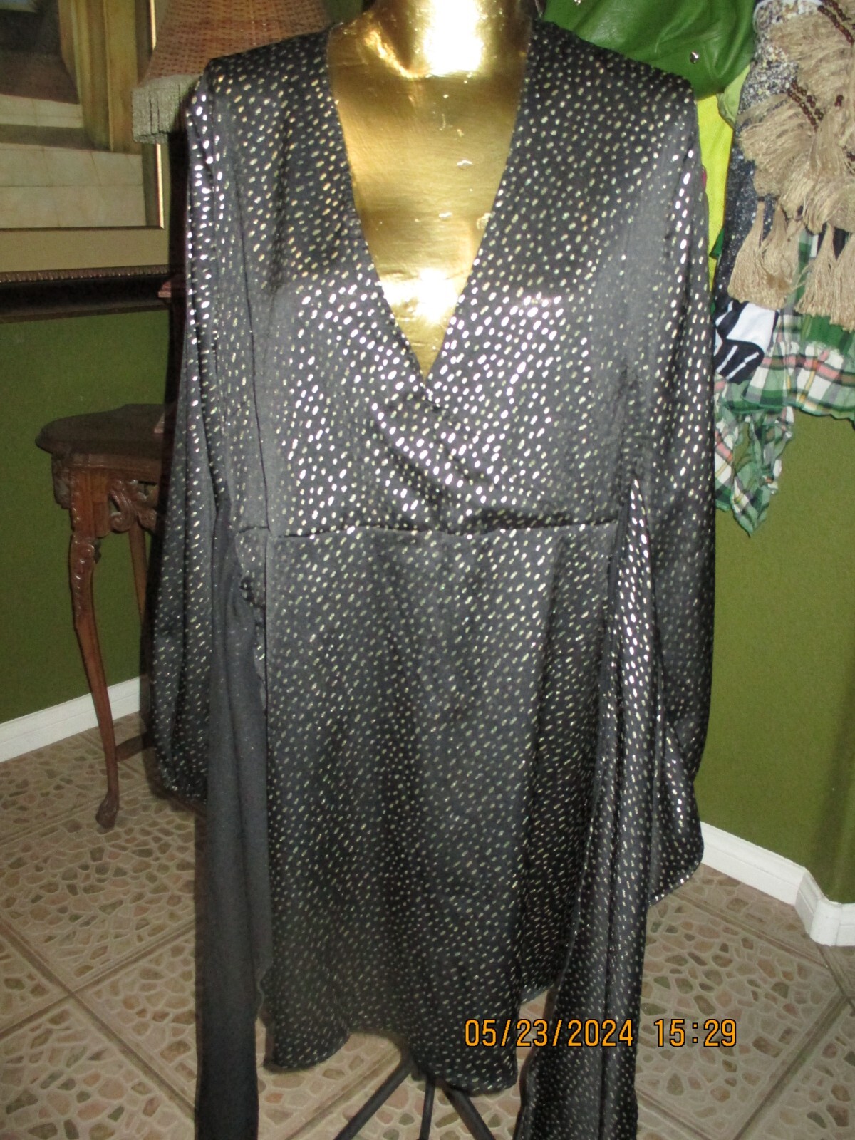 NEW COTTON POLY BLACK&GOLD SPECK MINI DRESS! CROSS OVER TOP WIDE TIE BOW SIZE XL