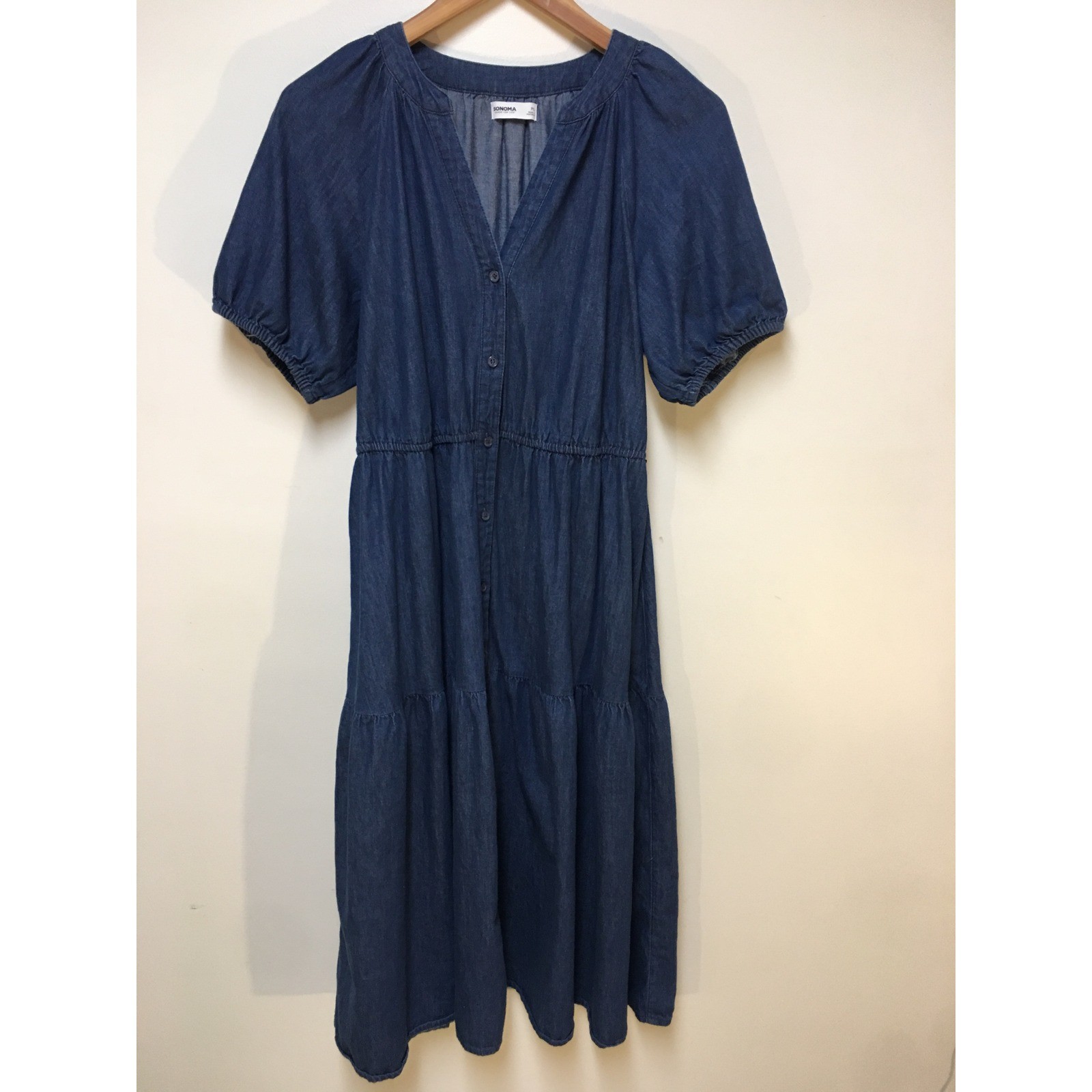Sonoma Denim Midi Dress Womens PL Blue Cotton Tiered Puff Sleeve Button Front