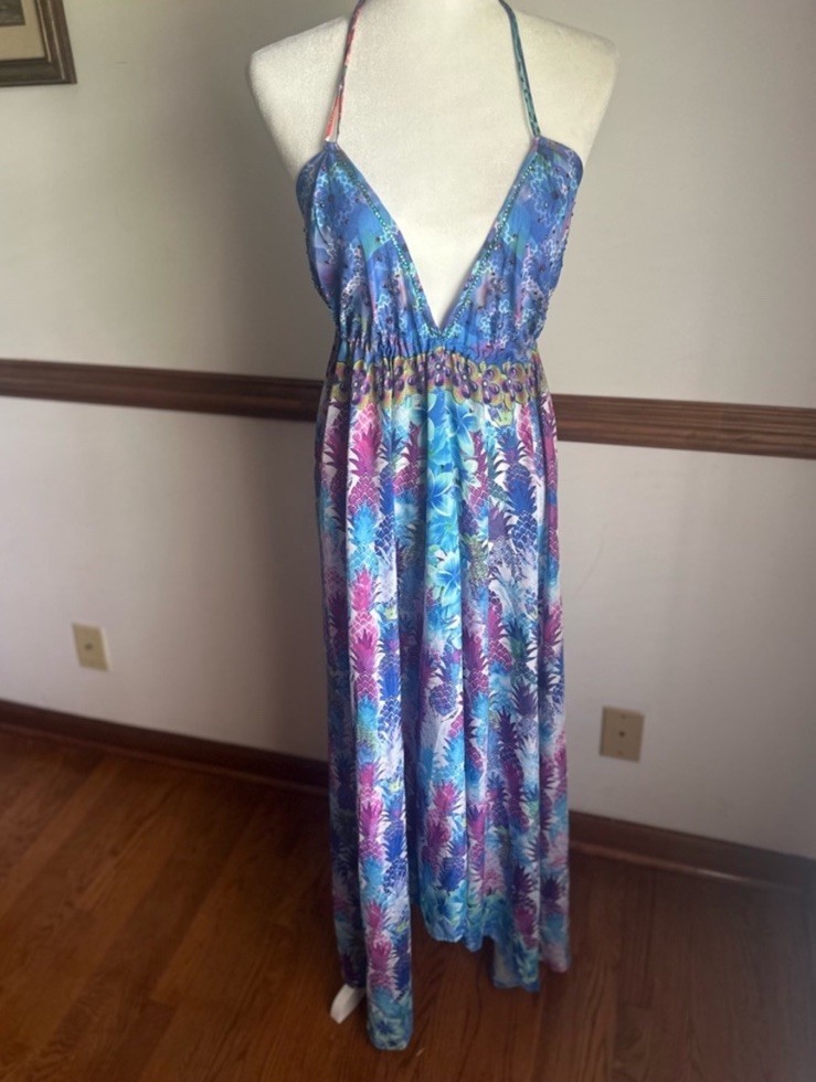 India Boutique, Women’s Long Backless Halter Dress Blue Purple Pink (Free Size)
