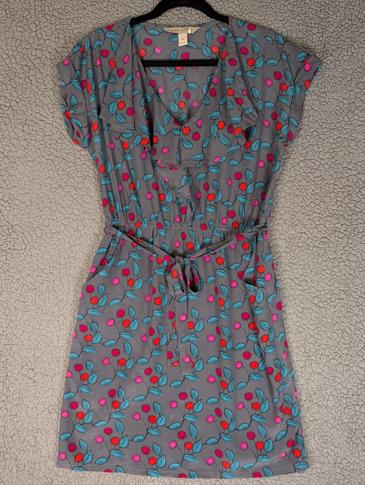 Presley Skye Dress Womens Medium Petite Maize Green Silk Ikat Print Belted Lined