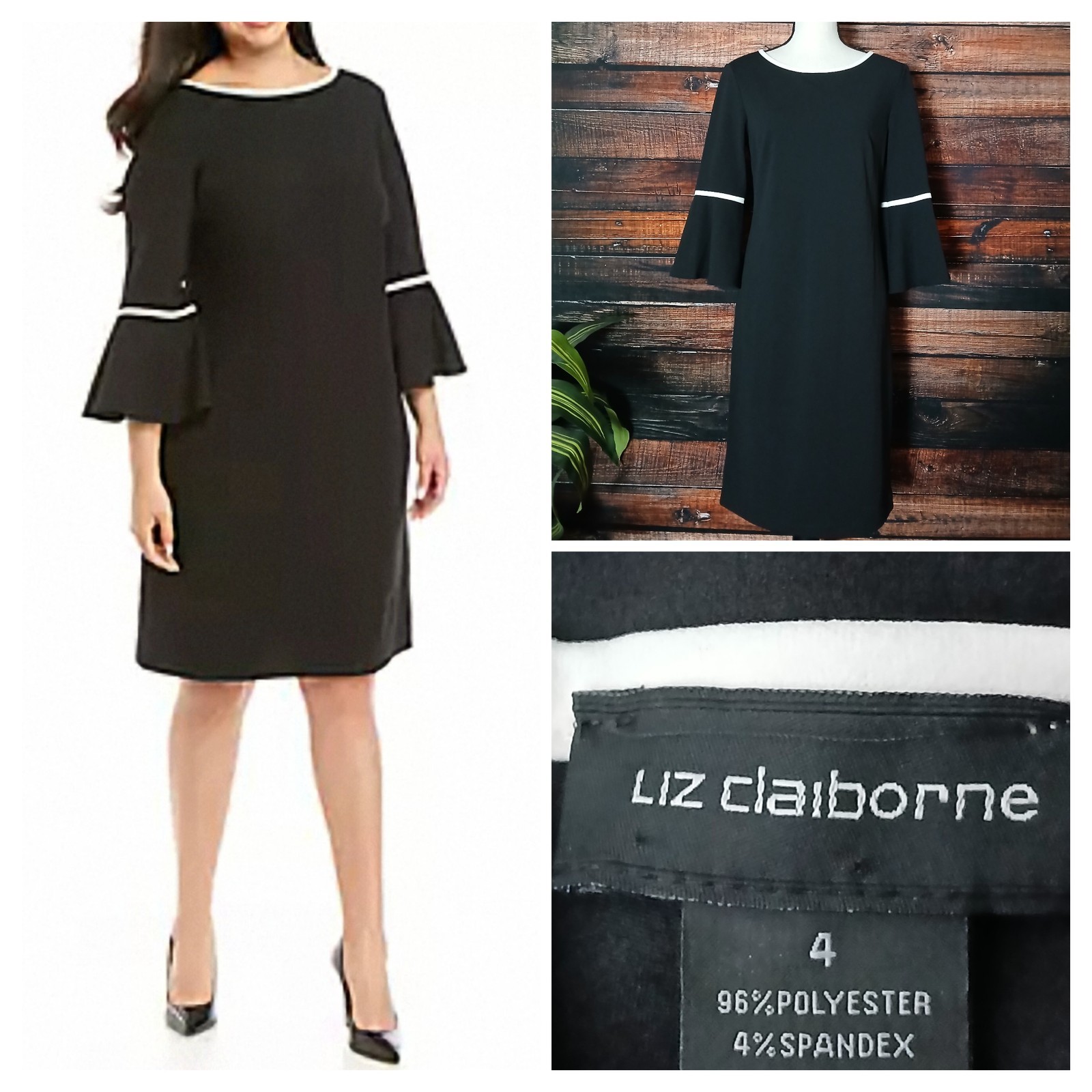 Liz Claiborne Dress Size 4 Black Ivory Shift 3/4 Length Bell Sleeve Stretch NWT