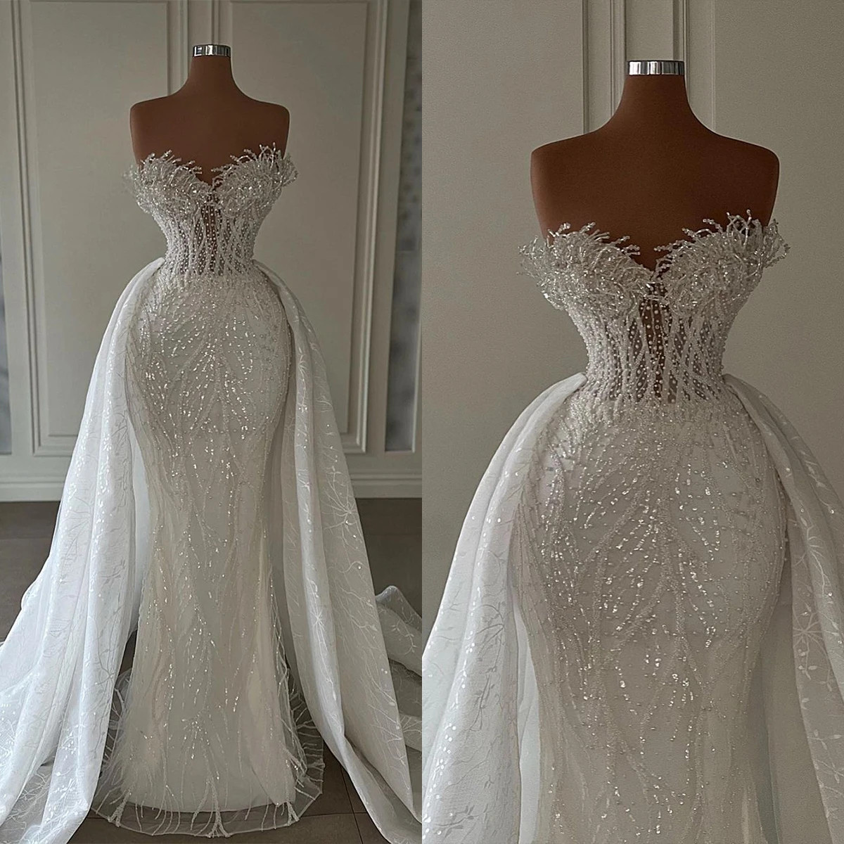 Beaded Mermaid Wedding Dress Detachable Overskirt Sparkly Bridal Gown Train