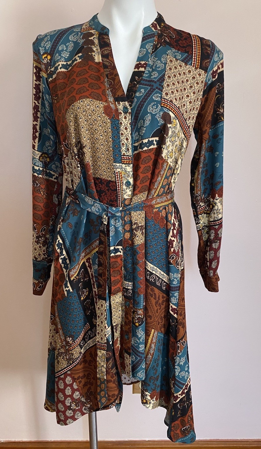 Apricot Long Sleeve Patchwork Paisley Floral Color High Low Shirt Dress Size 4