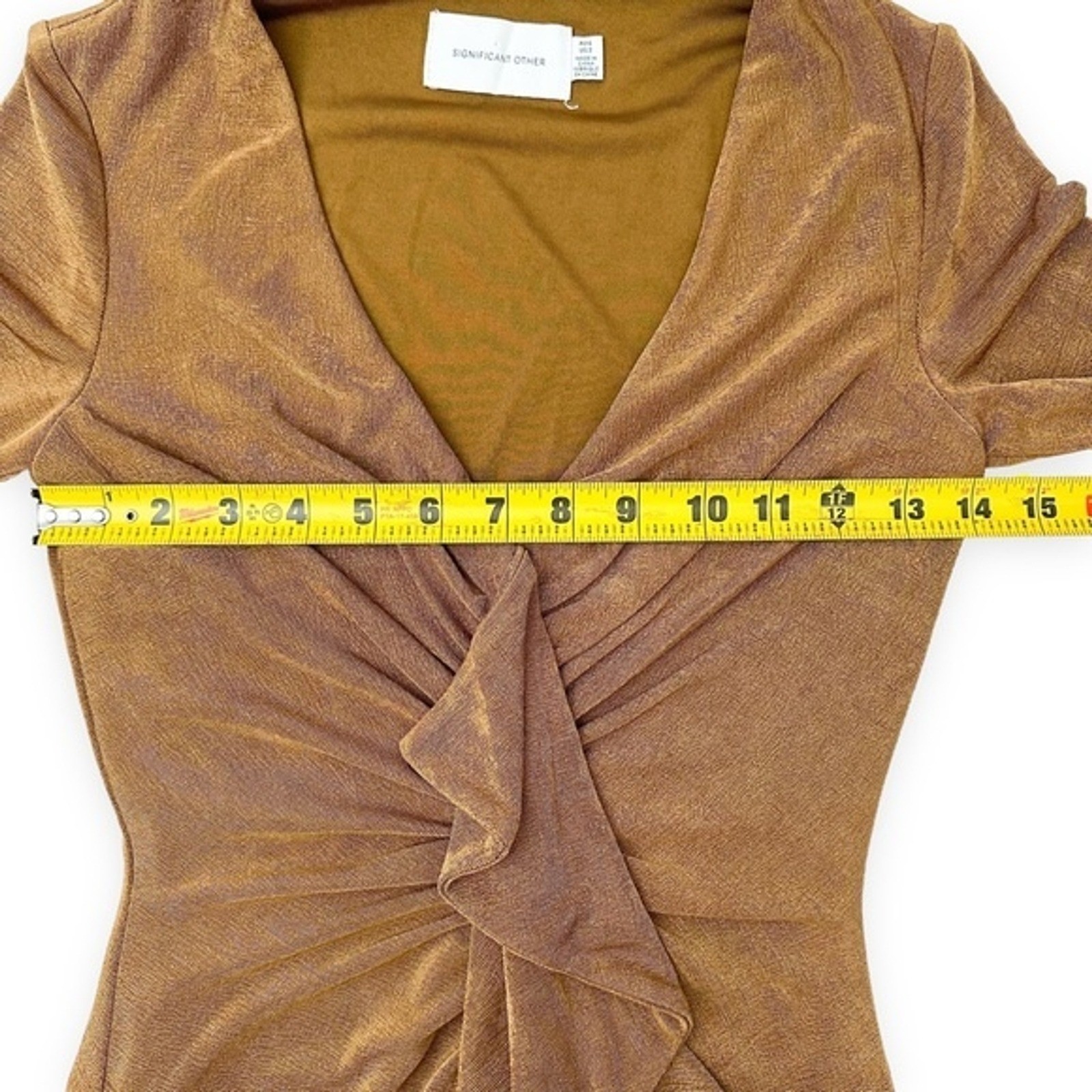 Significant Other Gold Ruched Long Sleeve V Neck Bodycon Mini Dress AU 6 US 2