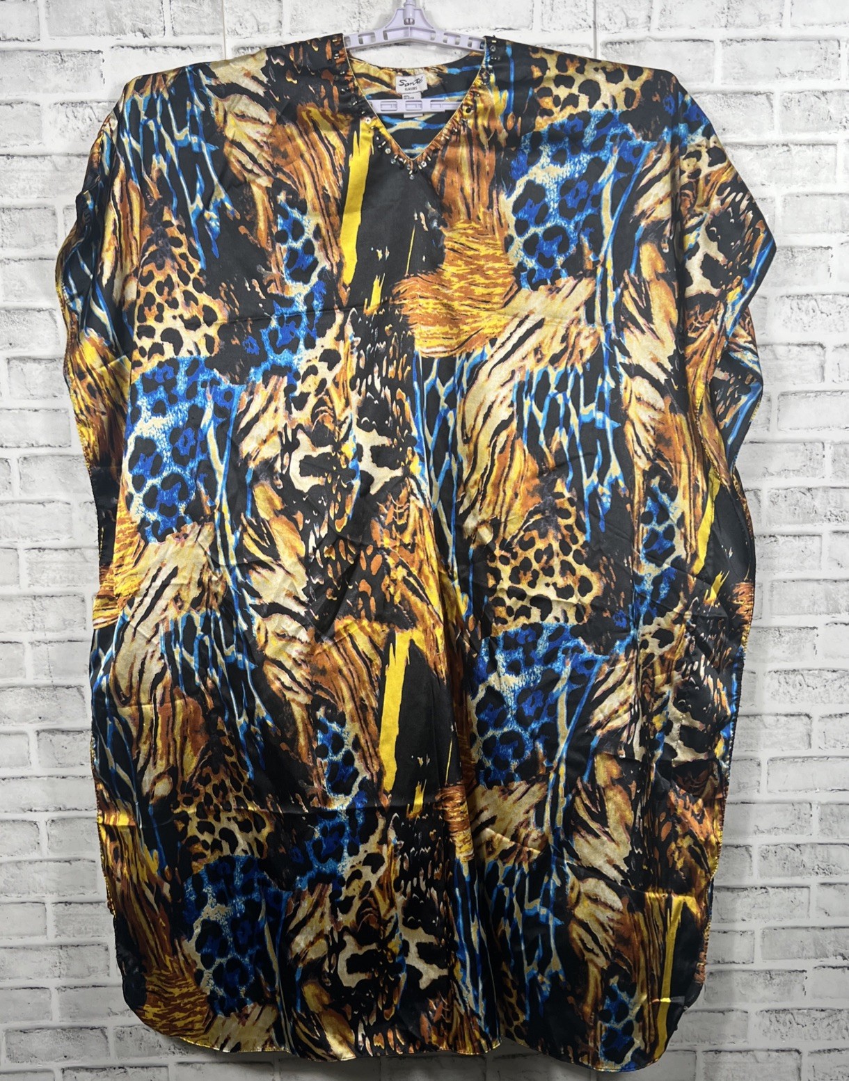 Sante Classics Women Animal Kaftan Dress Satin V-Neck Long Silky One Size