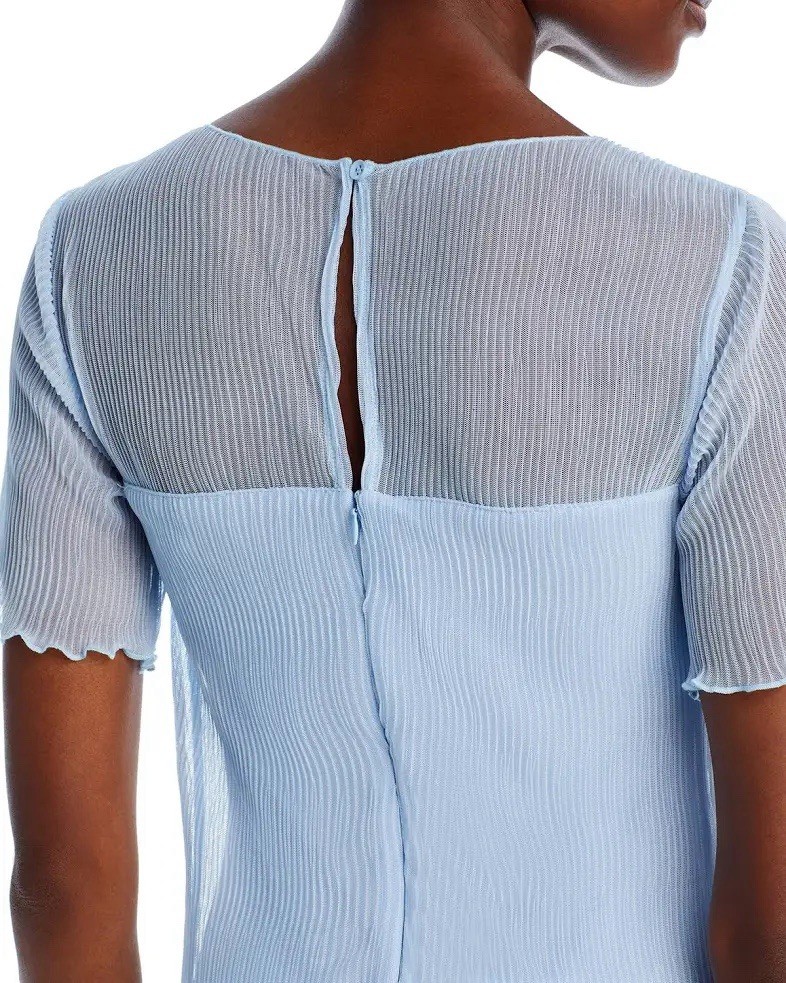 French Connection Saskia Ruched Blue Mesh Sheer Maxi Dress XS Crew Neck Zip