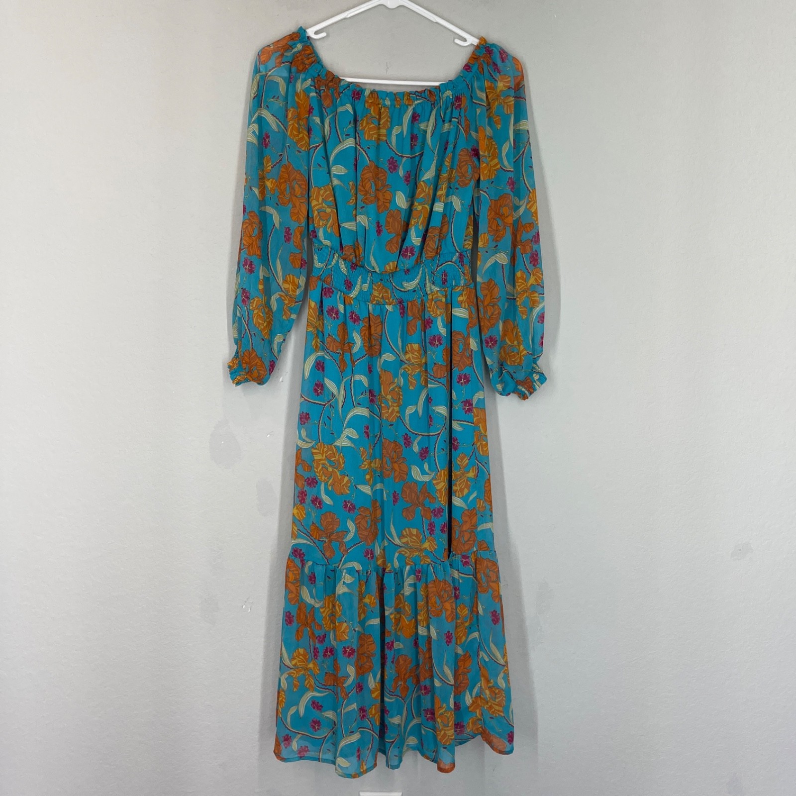 Sofia Vergara Midi Dress Women’s XS Floral Off the Shoulder Boho Blouson Sleeves