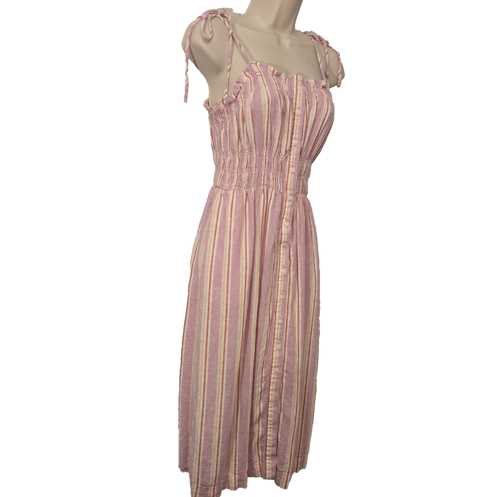 Pink Striped Smocked Linen Blend Midi Dress Tie Shoulder Button Summer Beach S