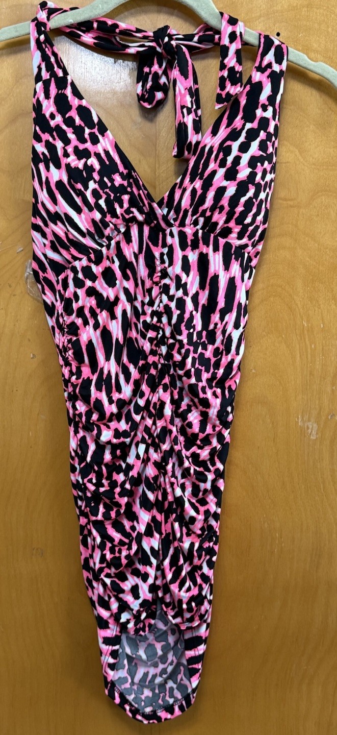 Kiwi Womens Ruched Halter Mini Dress Stretch Clubwear Neon Pink Black Leopard S