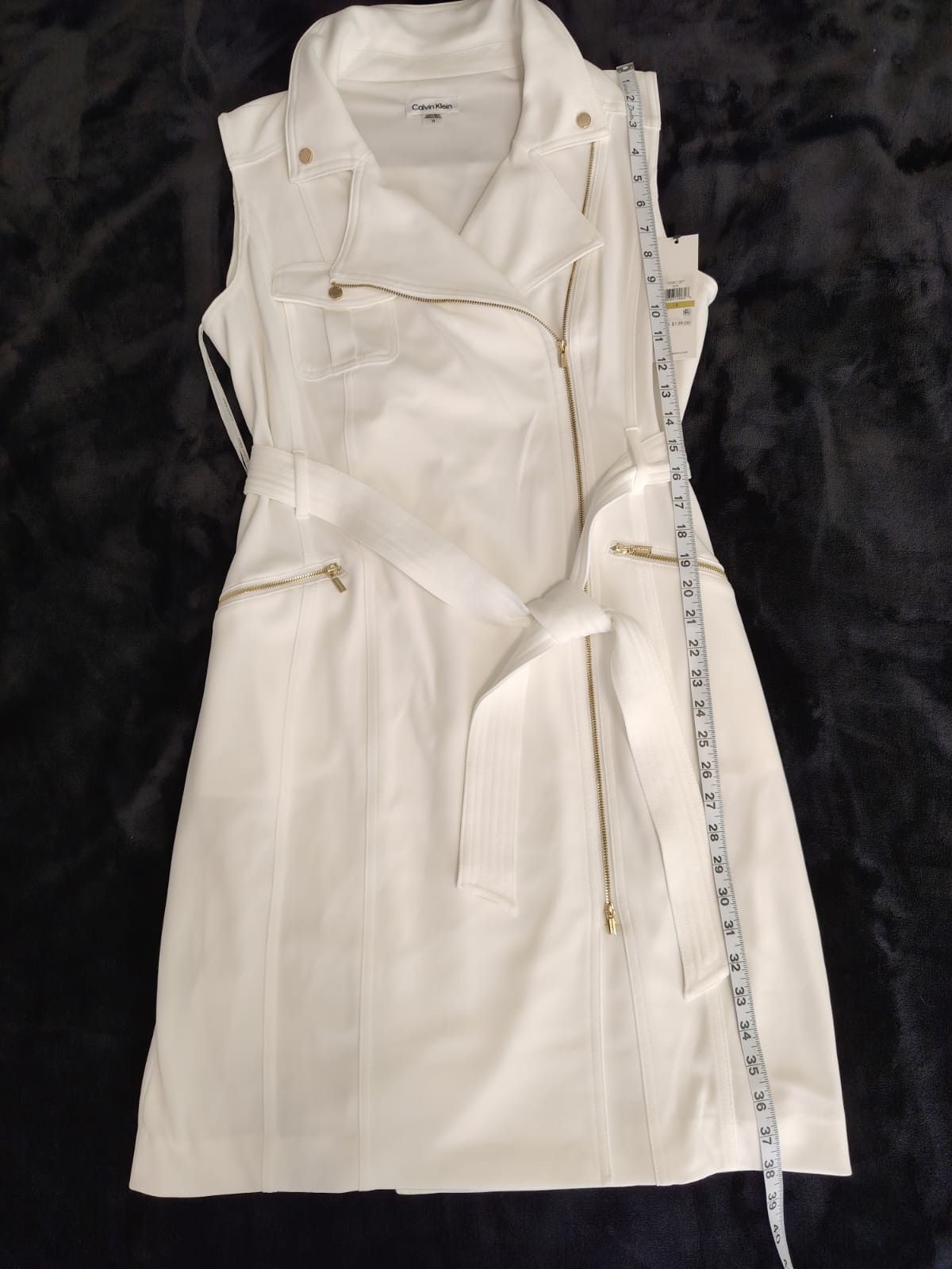 Calvin Klein women’s sleevless moto dress with tie belt white/cream NWT Size 14
