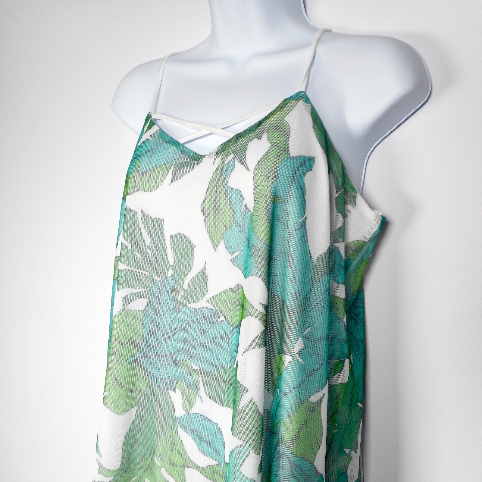 NWT Love Fire Blue Green Tropical Sz M Sun Dress Net Lined Palm Leaf Tiki Bar