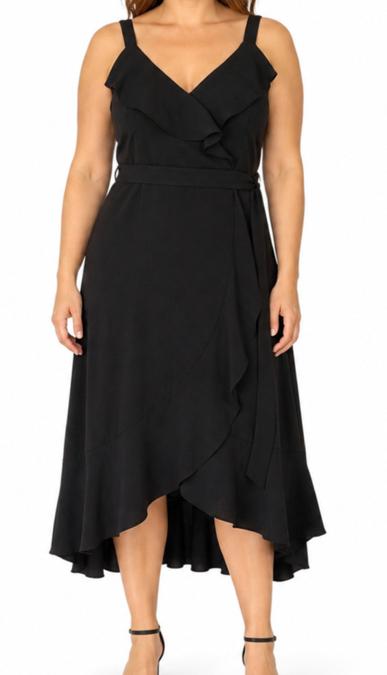 Hutch Eden Wrap Dress Black Ruffle High Low V Neck Sz L Cocktail Midi NWT $319