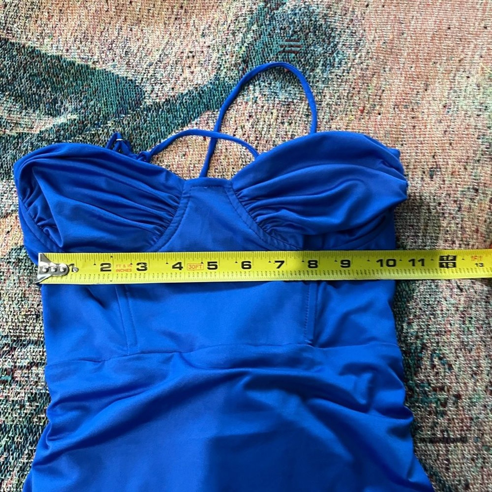 Lucy in the Sky Strapless Dark Blue Dress SZ S Tie Back Ruffled Sheath Designer