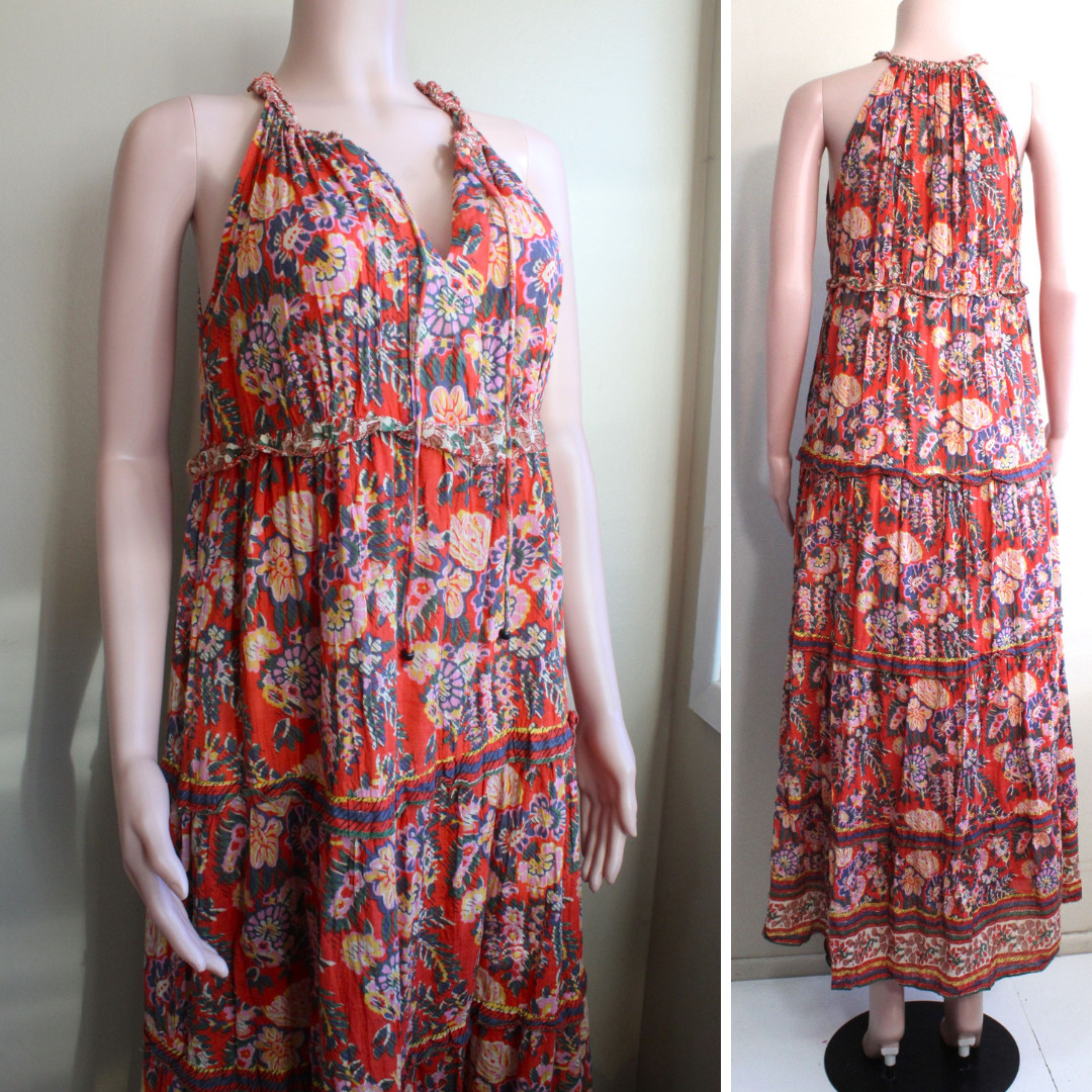 M Boho Hippy Dress House of Harlow Sleeveless Cotton Maxi Halter Kantha Floral