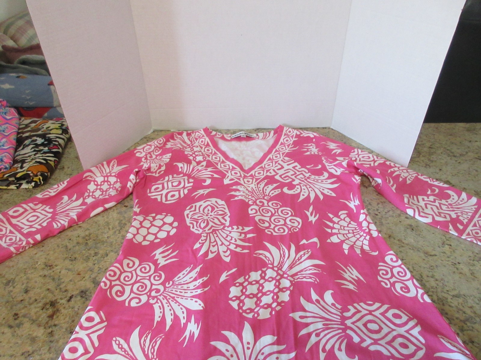 BARBARA GERWIT Sz L Pink White Pineapple Design 3/4 Sleeve V-Neck Dress- Ex Cond