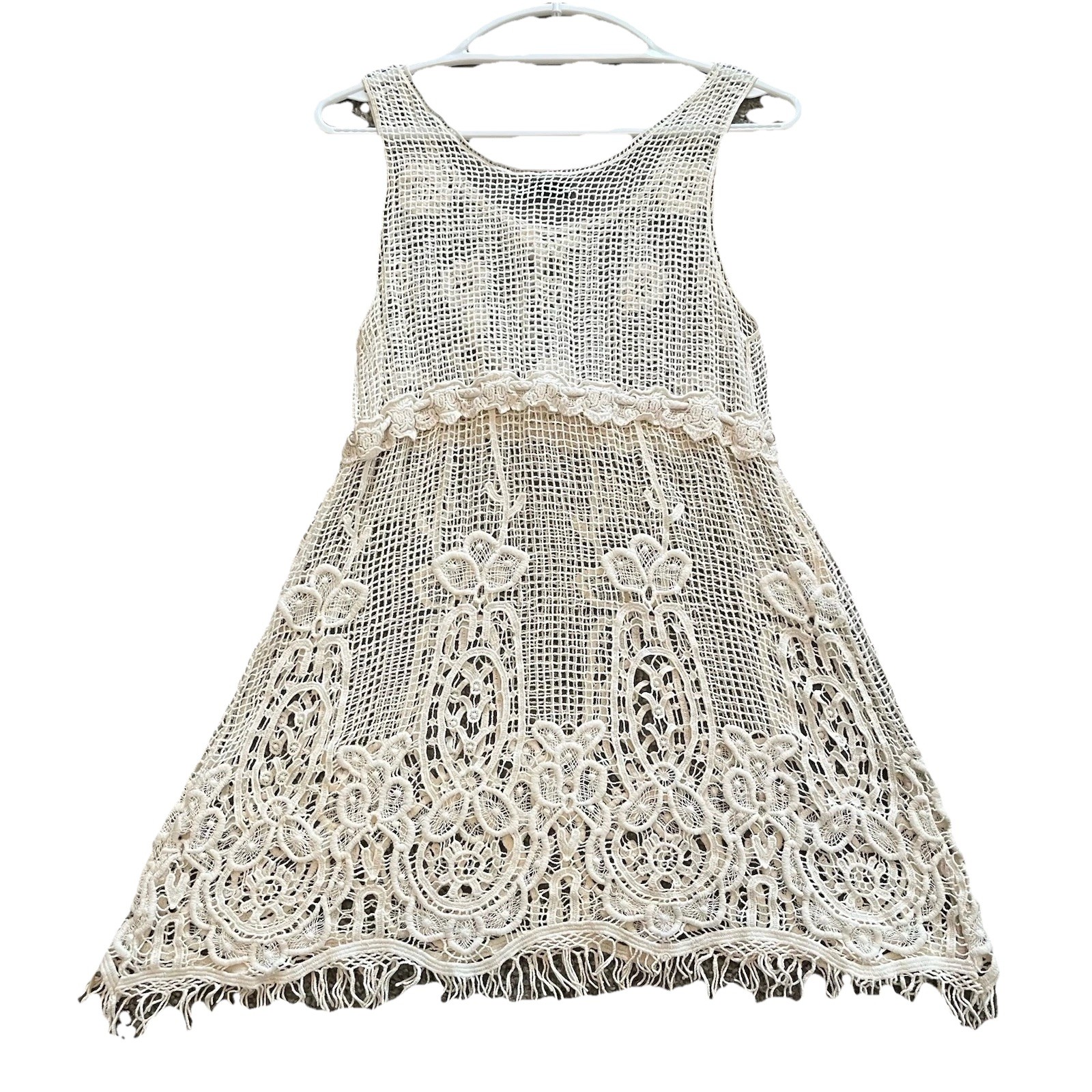 Ryu Crochet Floral Mini Dress Sz S Fringe Hem Rope Belt Sheer Beachy Resort Wear