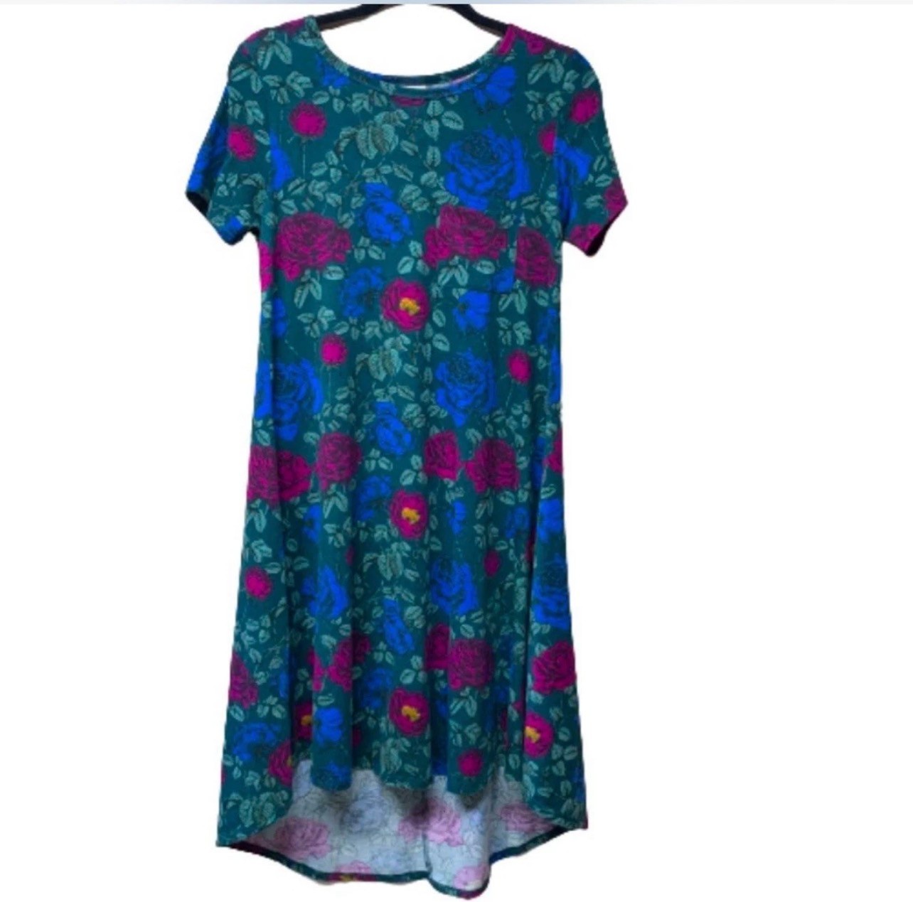 LuLaRoe Carly Dress XS Teal Blue Pink Floral High Low Swing Pocket Boho
