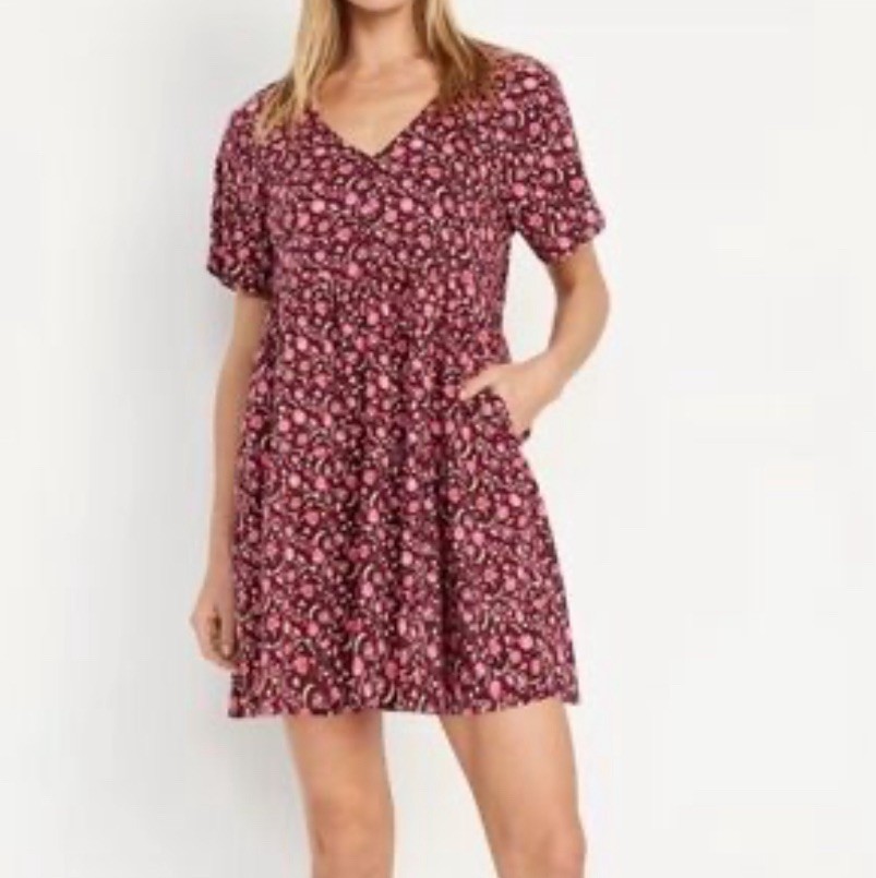 Old Navy Womens V-Neck Mini Swing Dress Burgundy Brown Floral Size 2X NWT