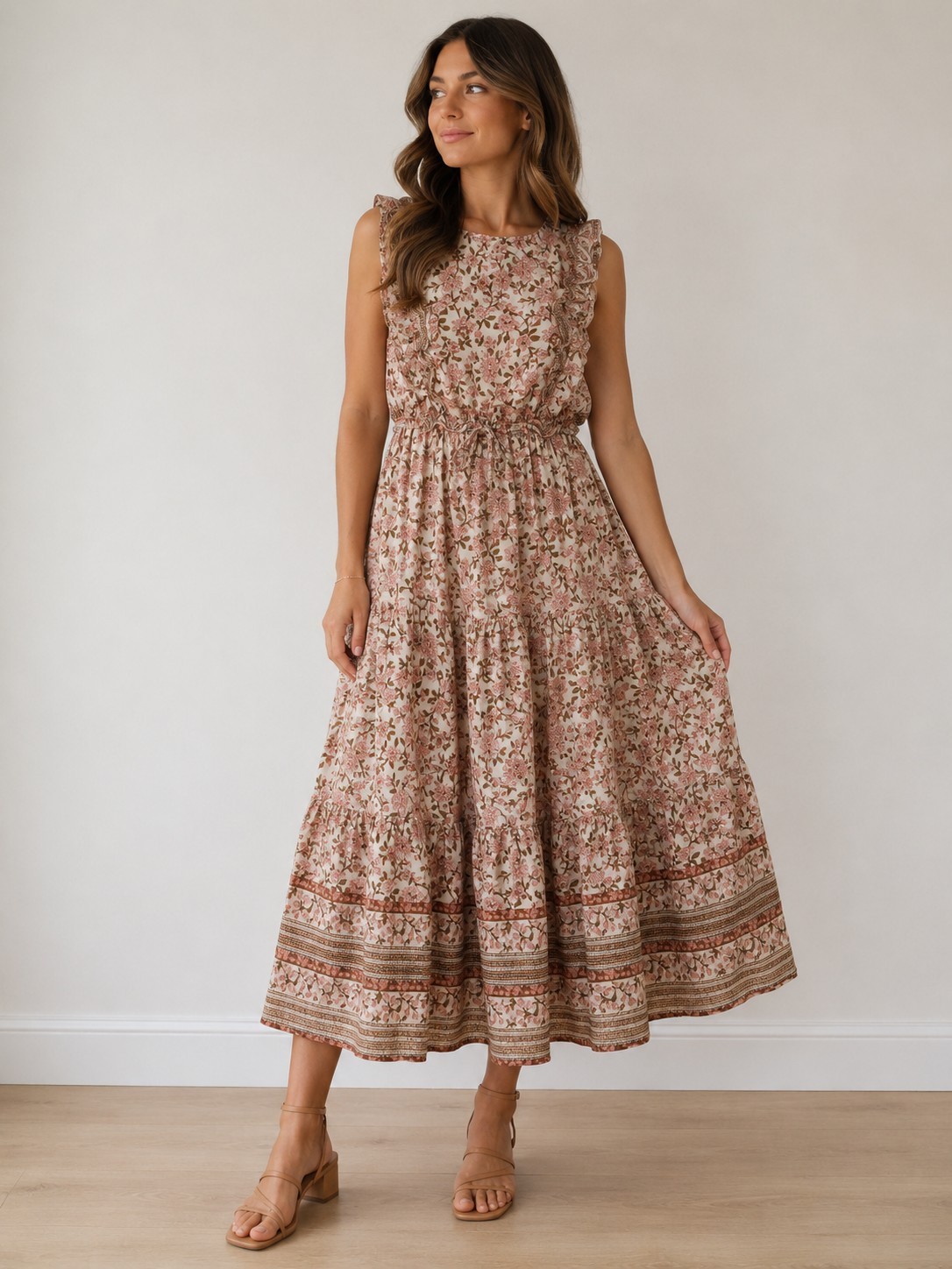 By The River Anthropology Women’s Tiered Floral Milkmaid Dress Size Medium Midi