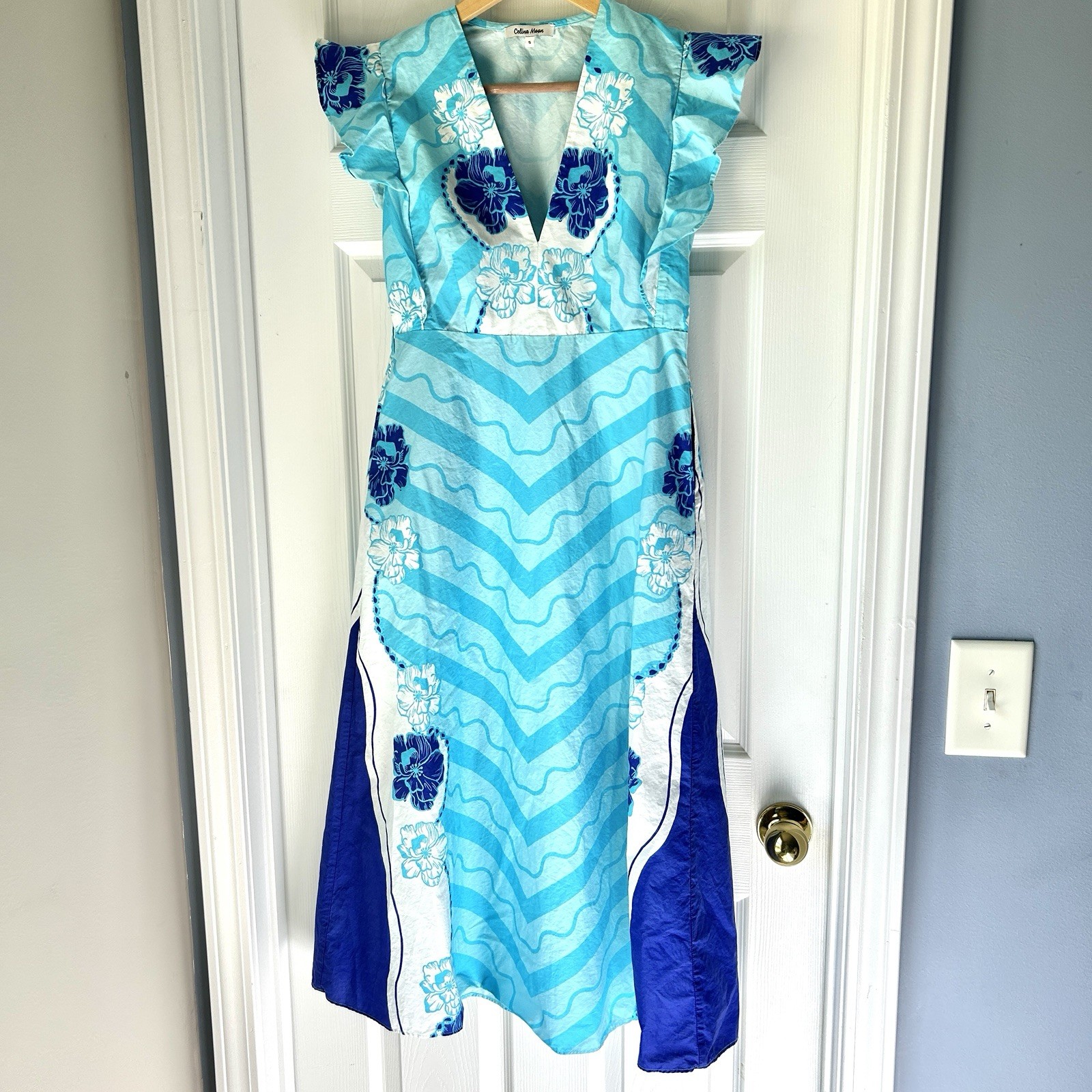 Celina Moon Midi Blue Hawaiian Flower Dress Sz Small EUC Resortwear Travel