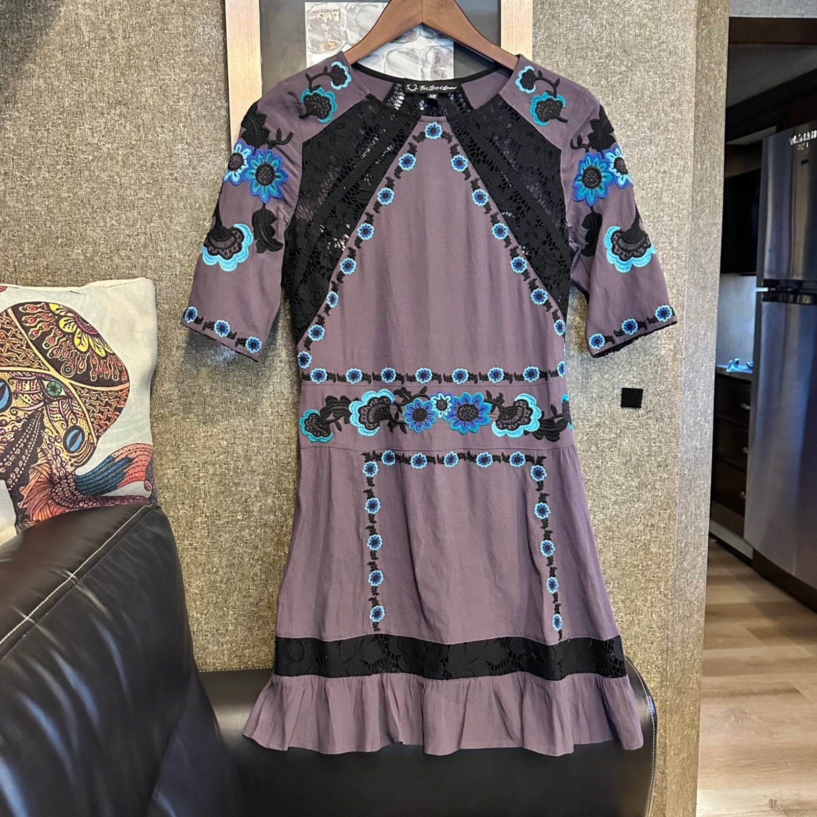 For Love & Lemons Luella Mini Dress Purple Floral Embroidered Lace XS Bohemian