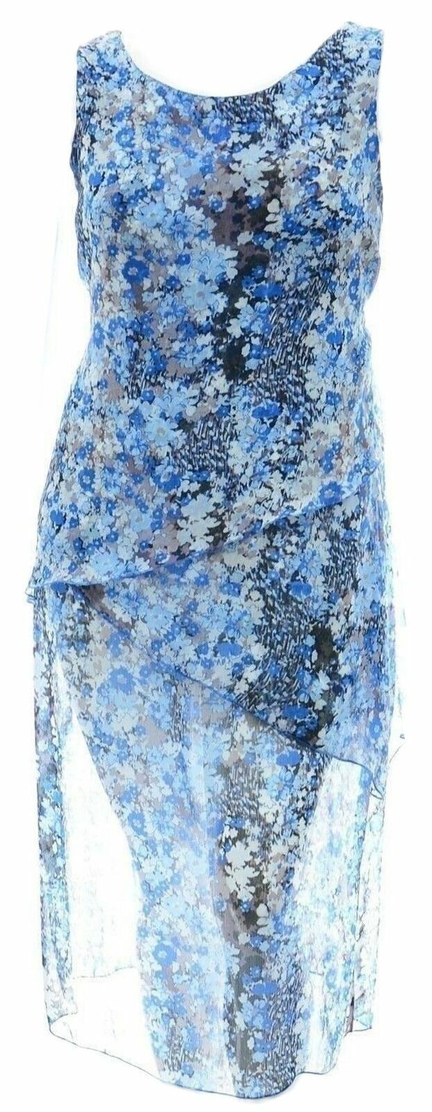 Ladies Dress Blue White Black Floral Print 3 Tier Layered Chiffon Georgette
