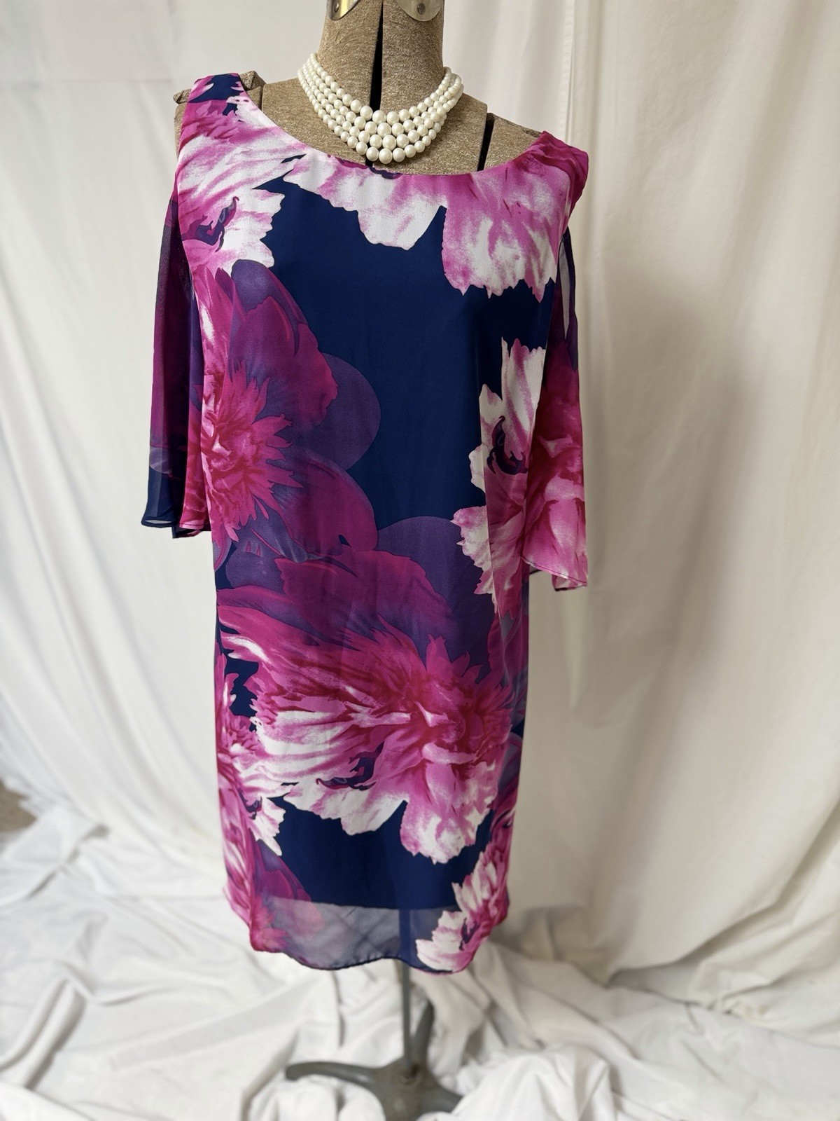 NEW Connected Apparel Dress Size 16W MIDI Resort Colorful Navy Pink Easy Care