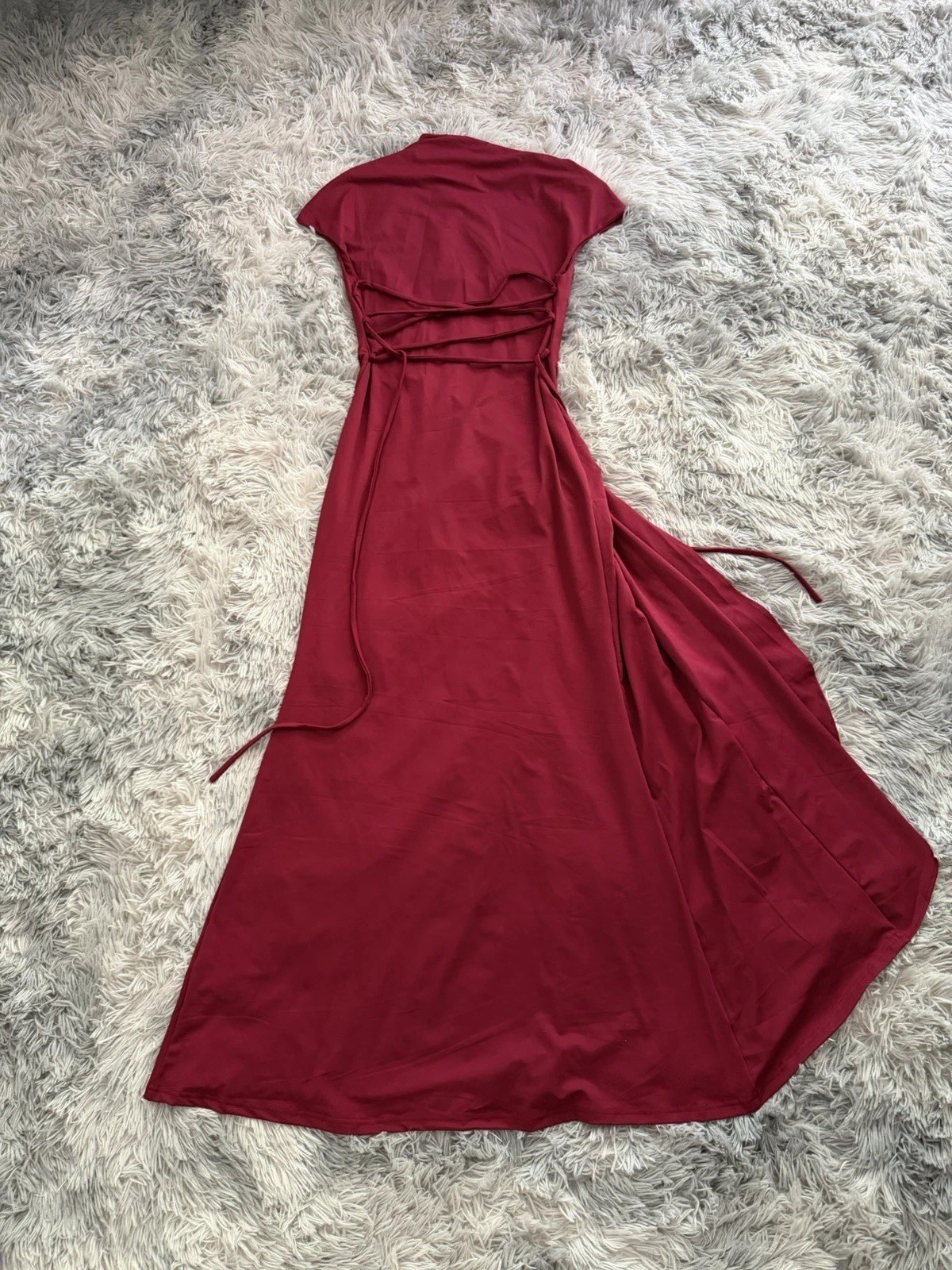 Red Knit Mock Neck Ruched Slit Cap Sleeve Long Maxi Dress Pullover Size M