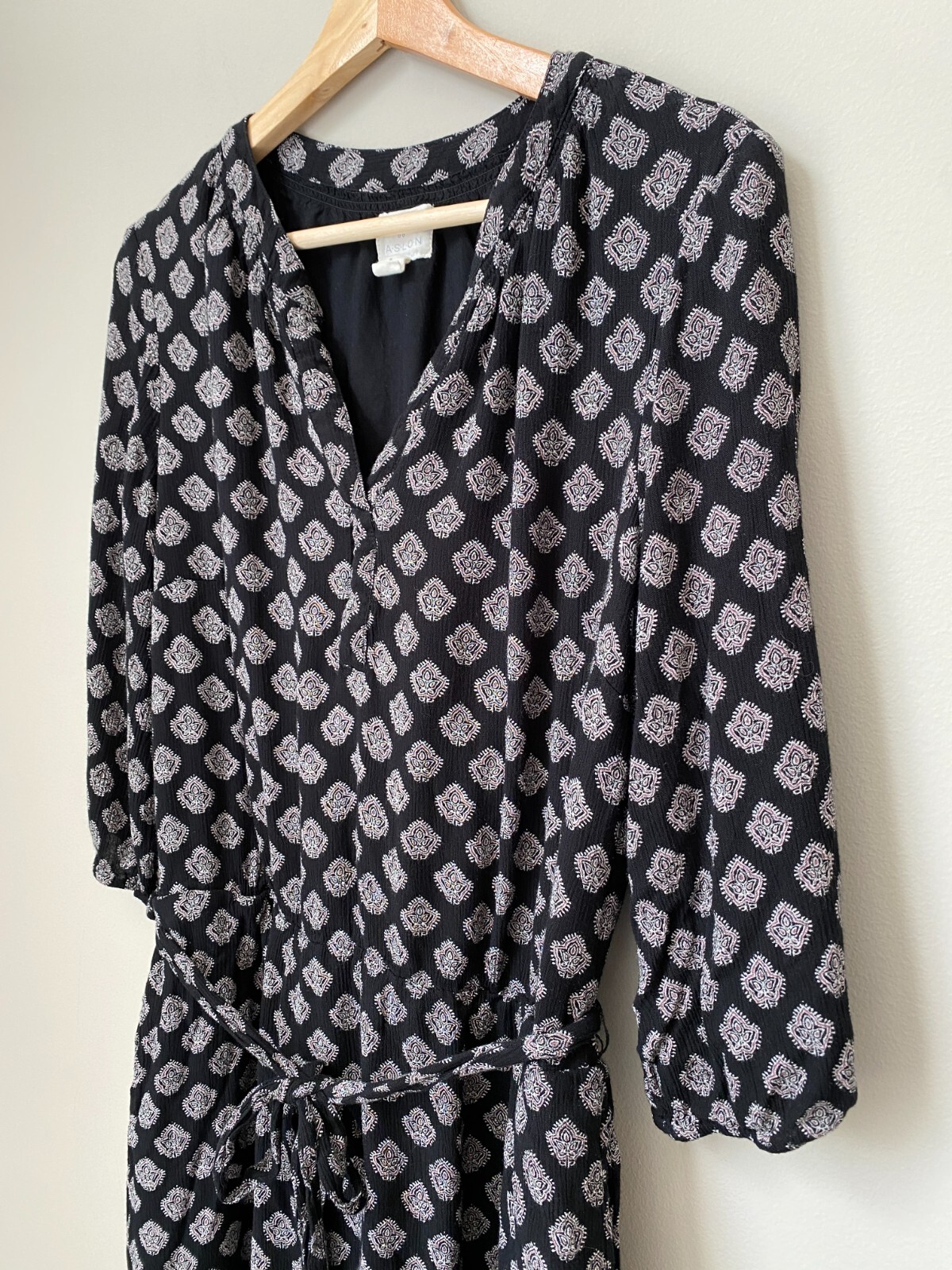Caslon Women’s Medium Patterned Boho Peasant 3/4 Sleeve Tunic Dress Black