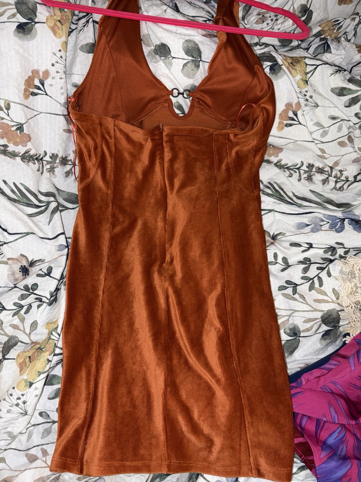 Bershka Brown Velour Halter V-Neck Mini Dress Chain Accent Women’s M