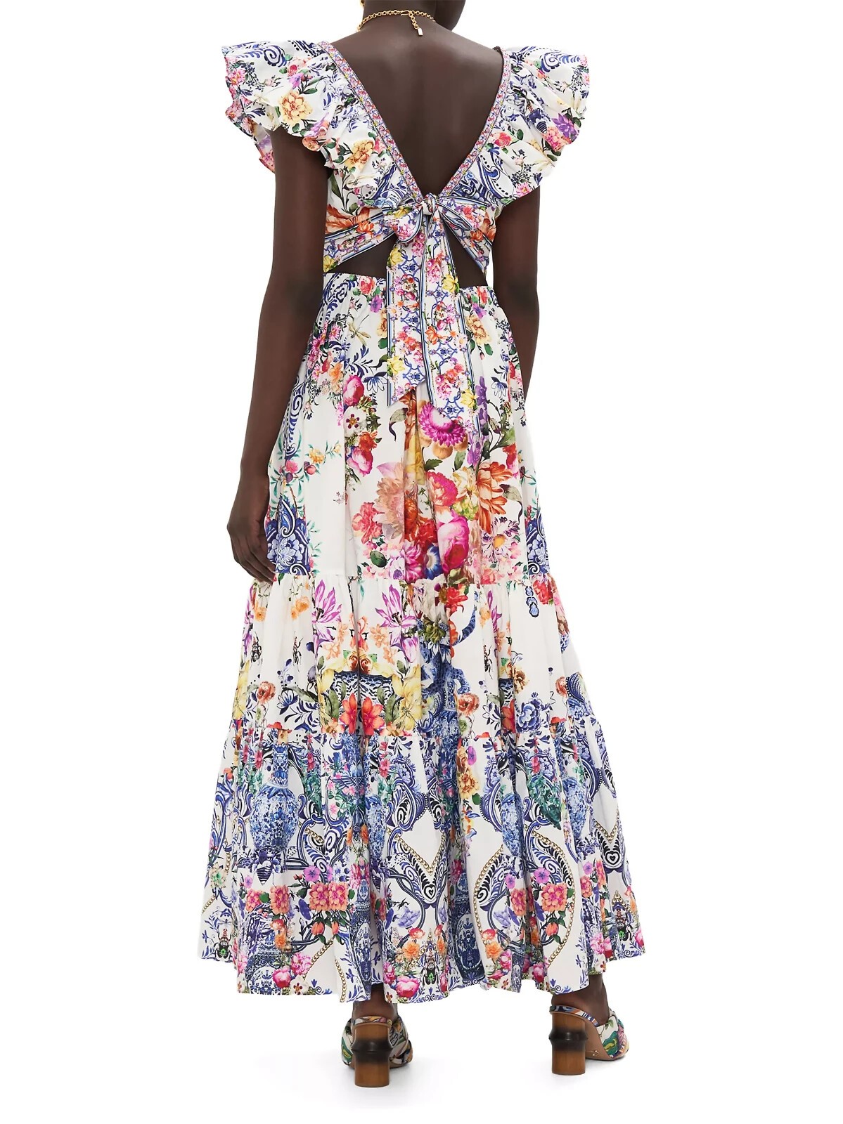 CAMILLA “Dutch Is Life” Tiered Frill Cotton V-Neck Open Back Maxi Dress, L $899