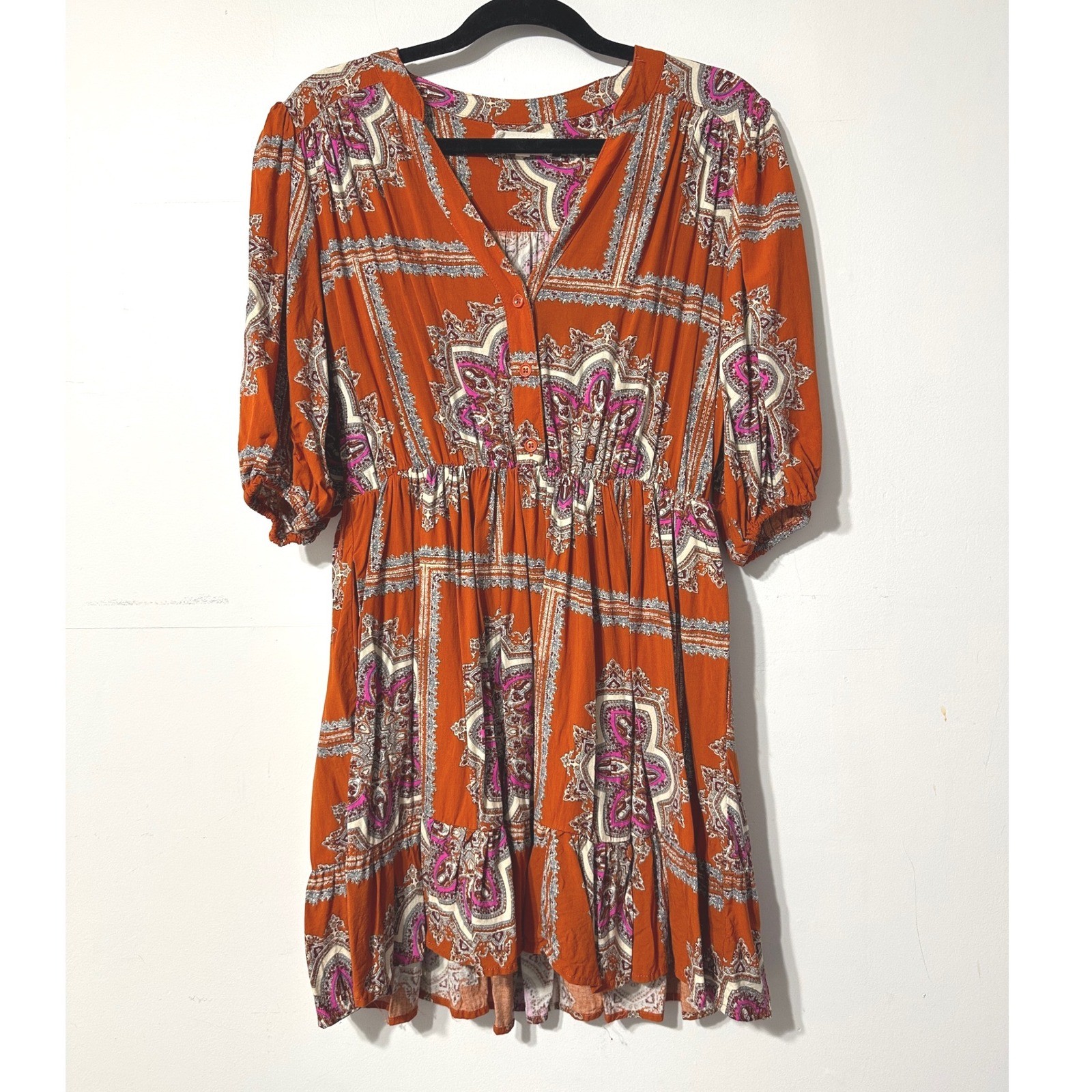 Porridge Dress Womens Small Orange Paisley Scarf Print Boho Puff Sleeve Mini