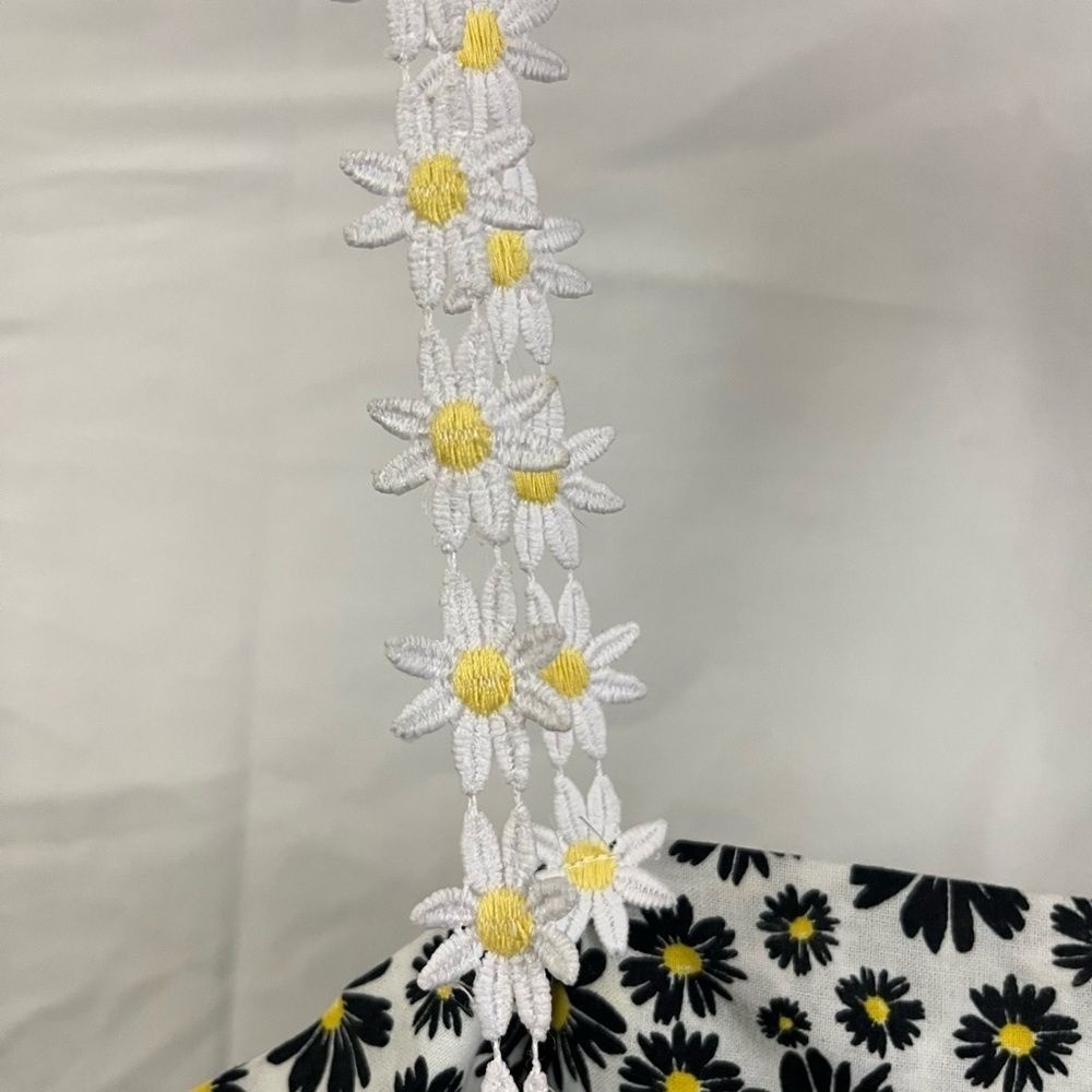 Handmade Daisy Chain Strap Printed Black White Swing Tiered Dress- Size Medium