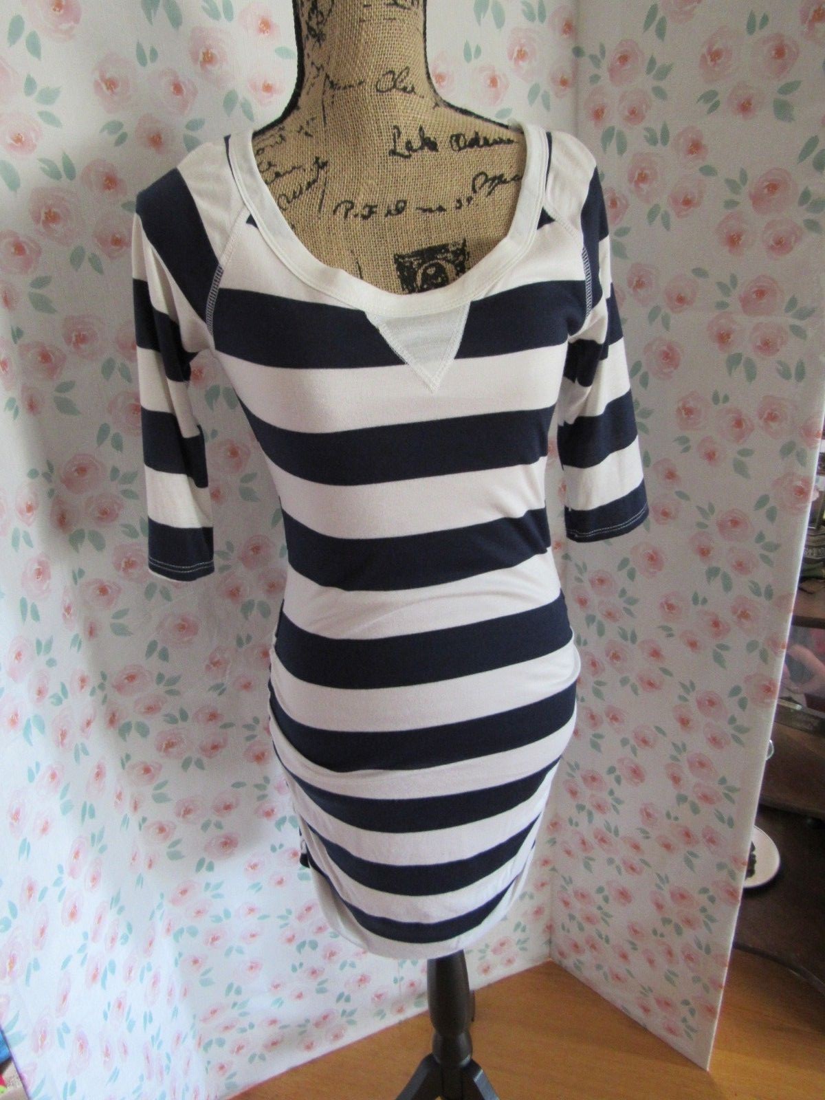WINDSOR, JUNIOR’S NEW Navy/White Poly Bl Striped 3/4 Sleeved Striped Dress, Sz S