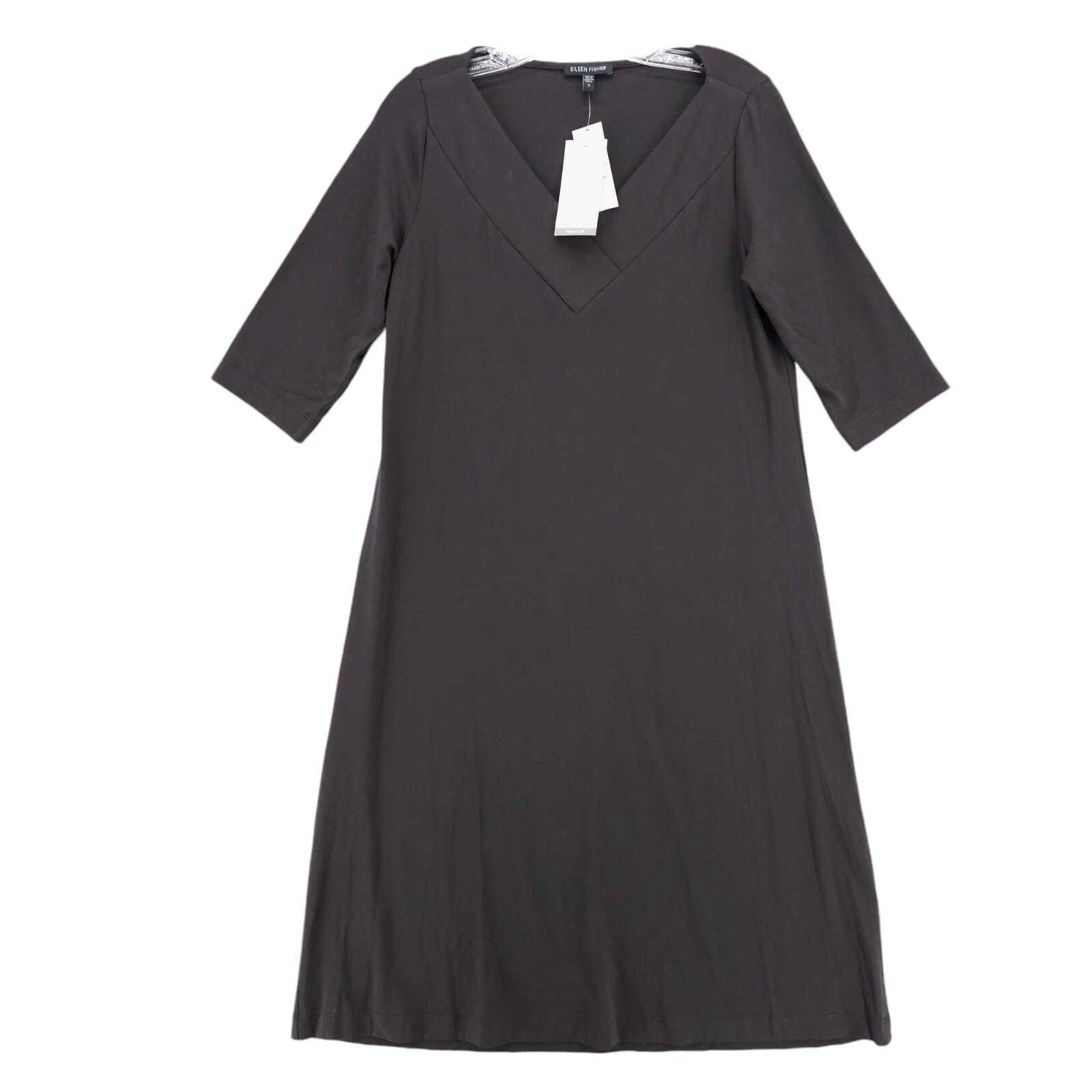 NWT EILEEN FISHER Viscose Jersey Musel Brown V-Neck Shirred Dress Size SMALL