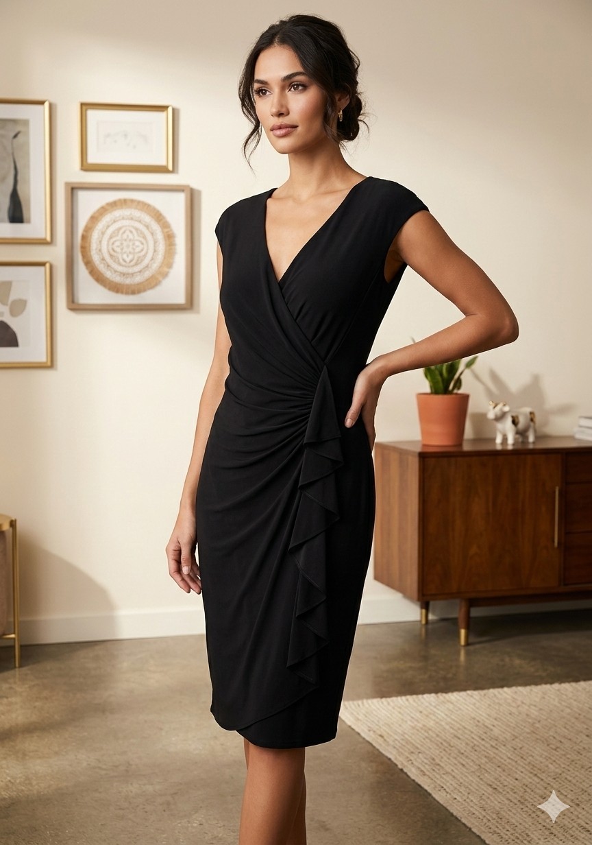 American Living Black Cascade Ruffle Dress Size 14 Timeless Classic All-Season
