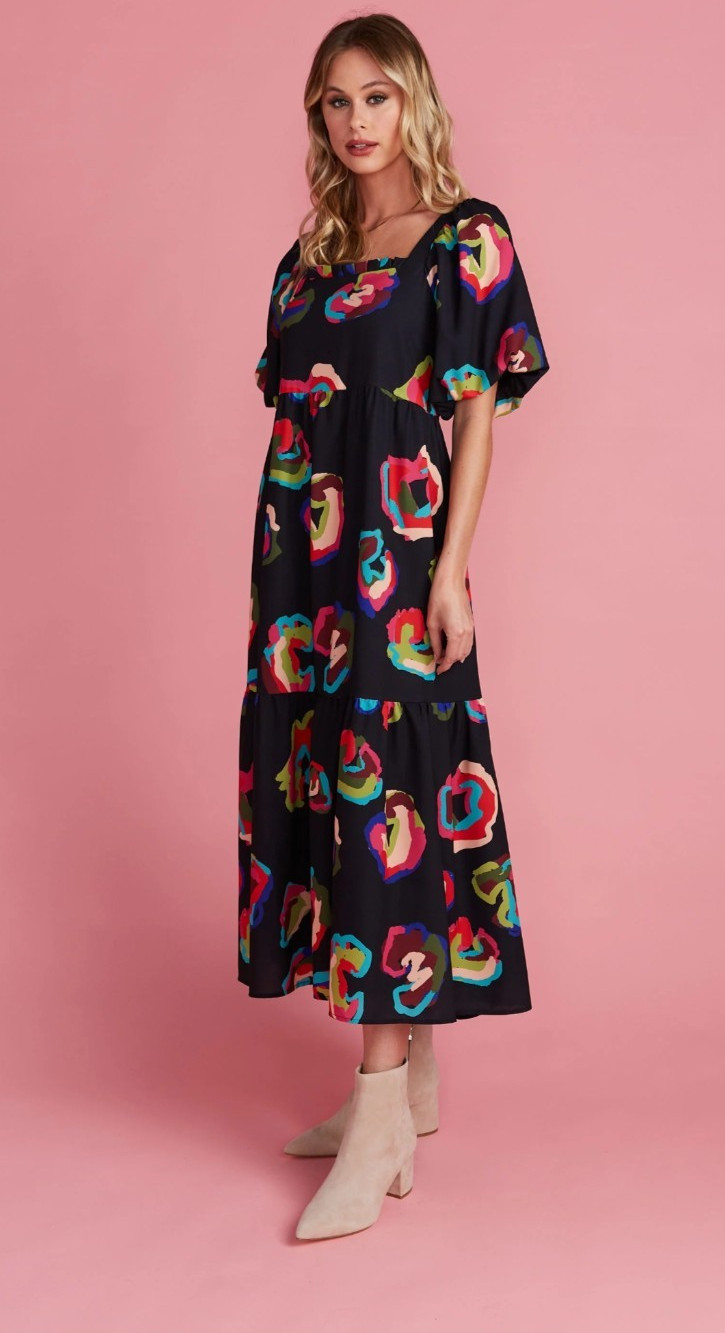 Crosby By Mollie Burch Goldie Dress Tiered Colorful MED